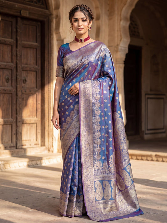 Saree Elegant Lavender - Blue Dual - Tone Banarasi Silk - Ressa