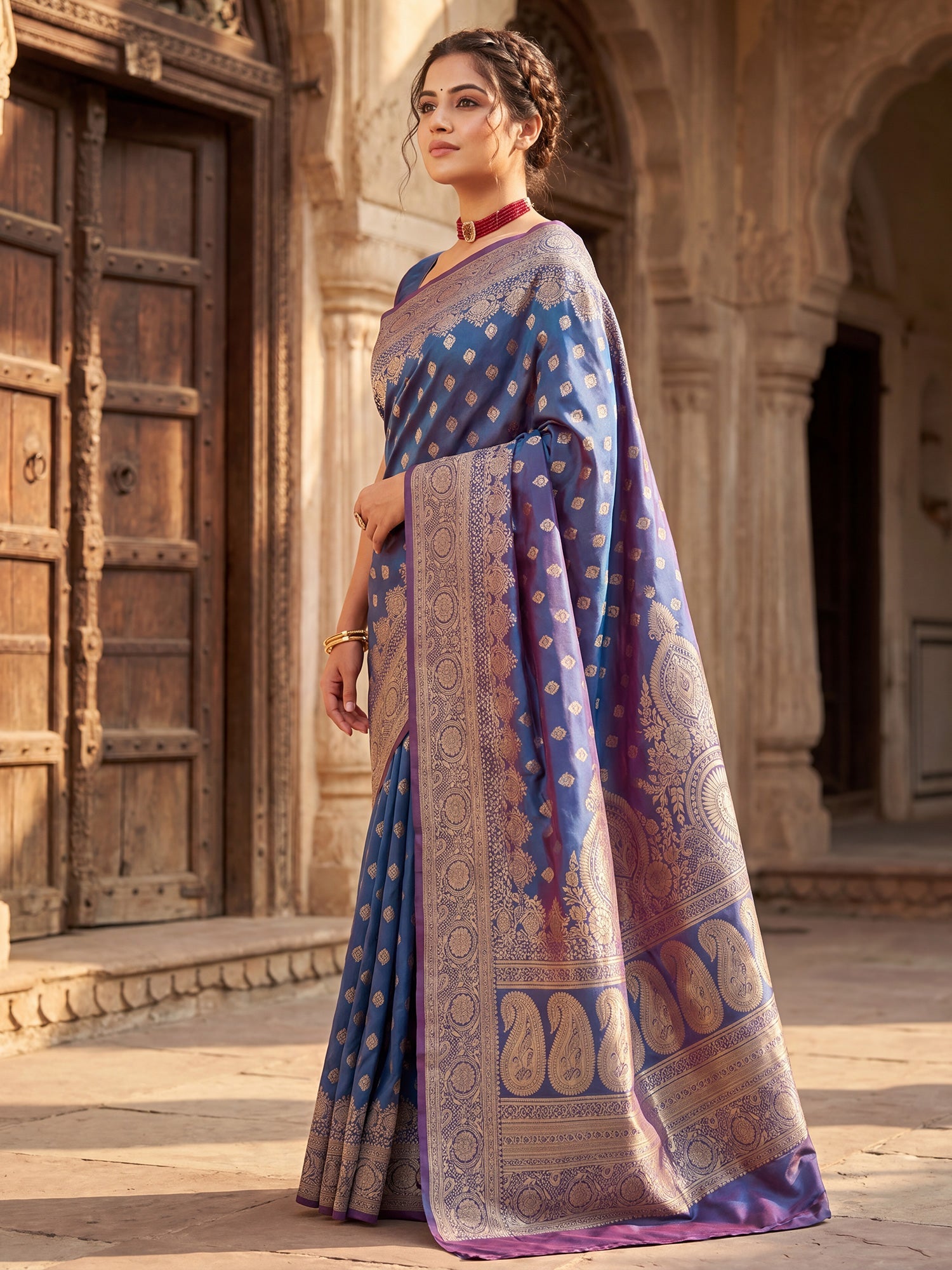 Saree Elegant Lavender - Blue Dual - Tone Banarasi Silk - Ressa