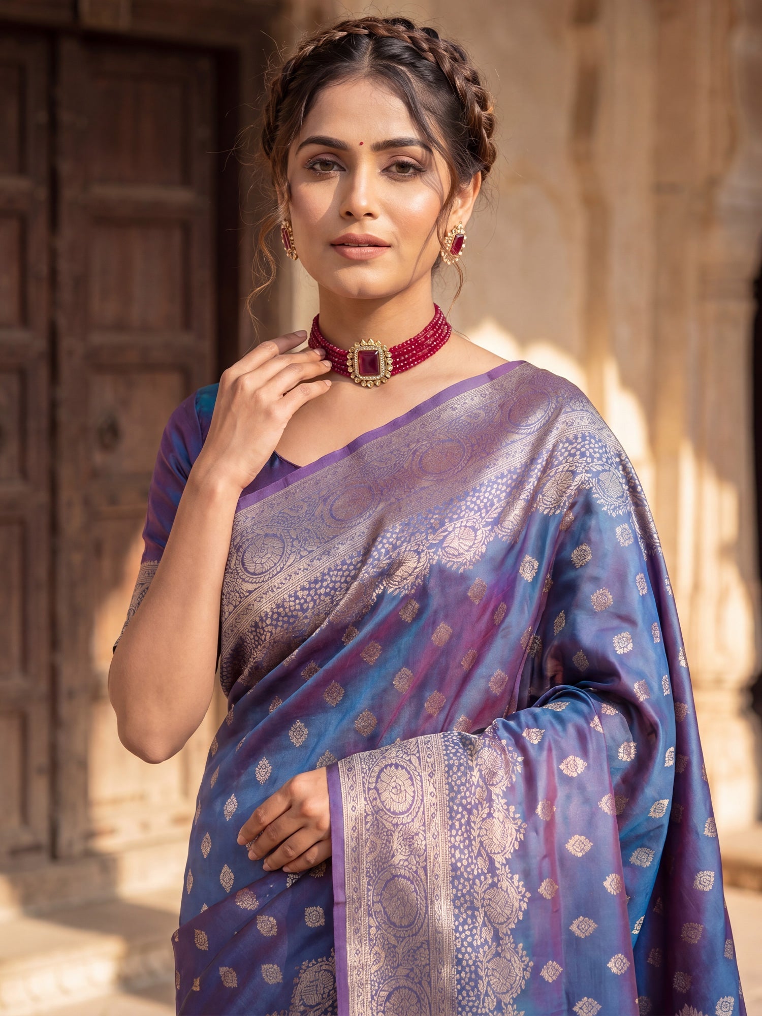 Saree Elegant Lavender - Blue Dual - Tone Banarasi Silk - Ressa