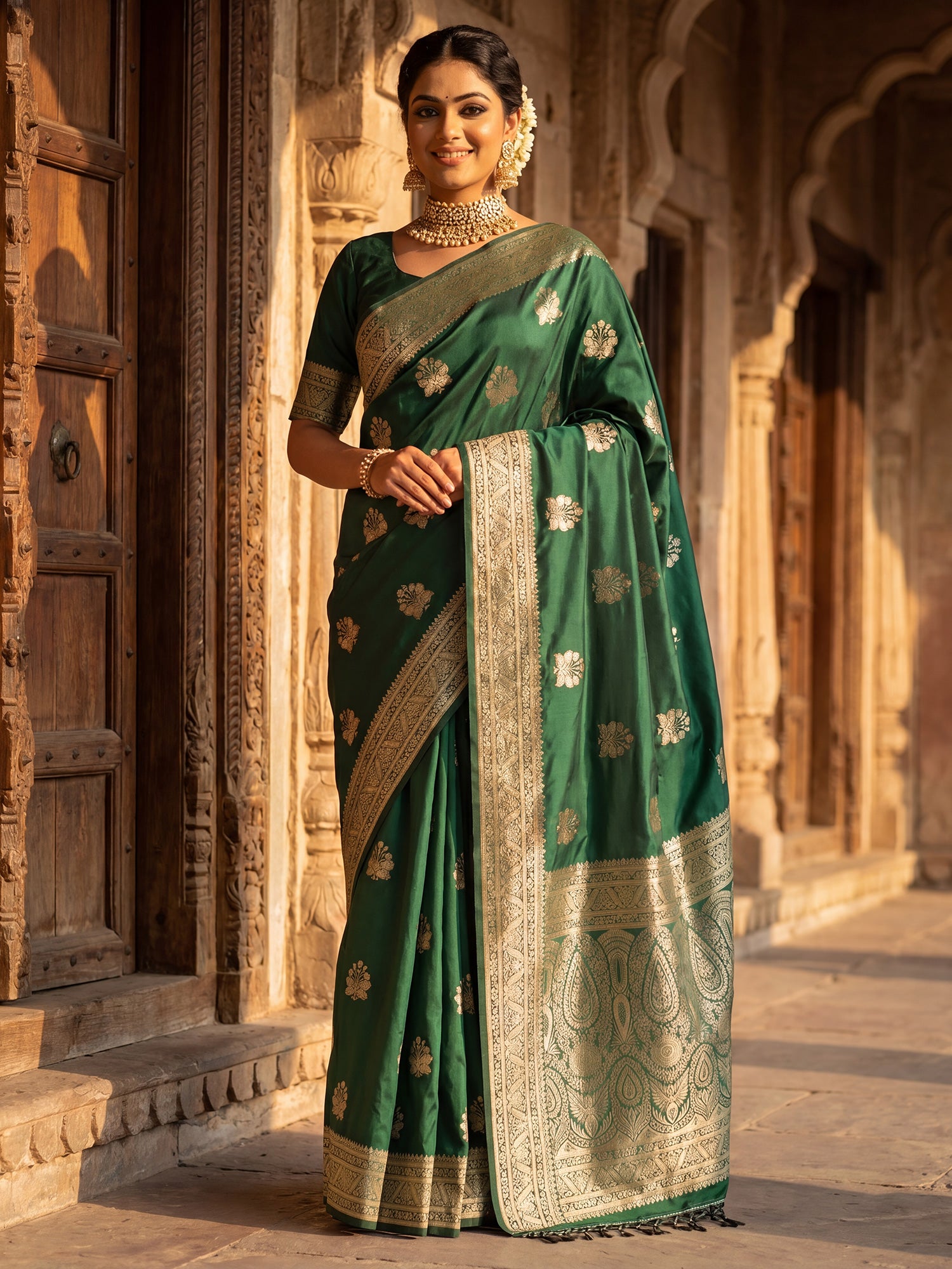 Saree Emerald Green Floral Butti Banarasi Silk - Ressa