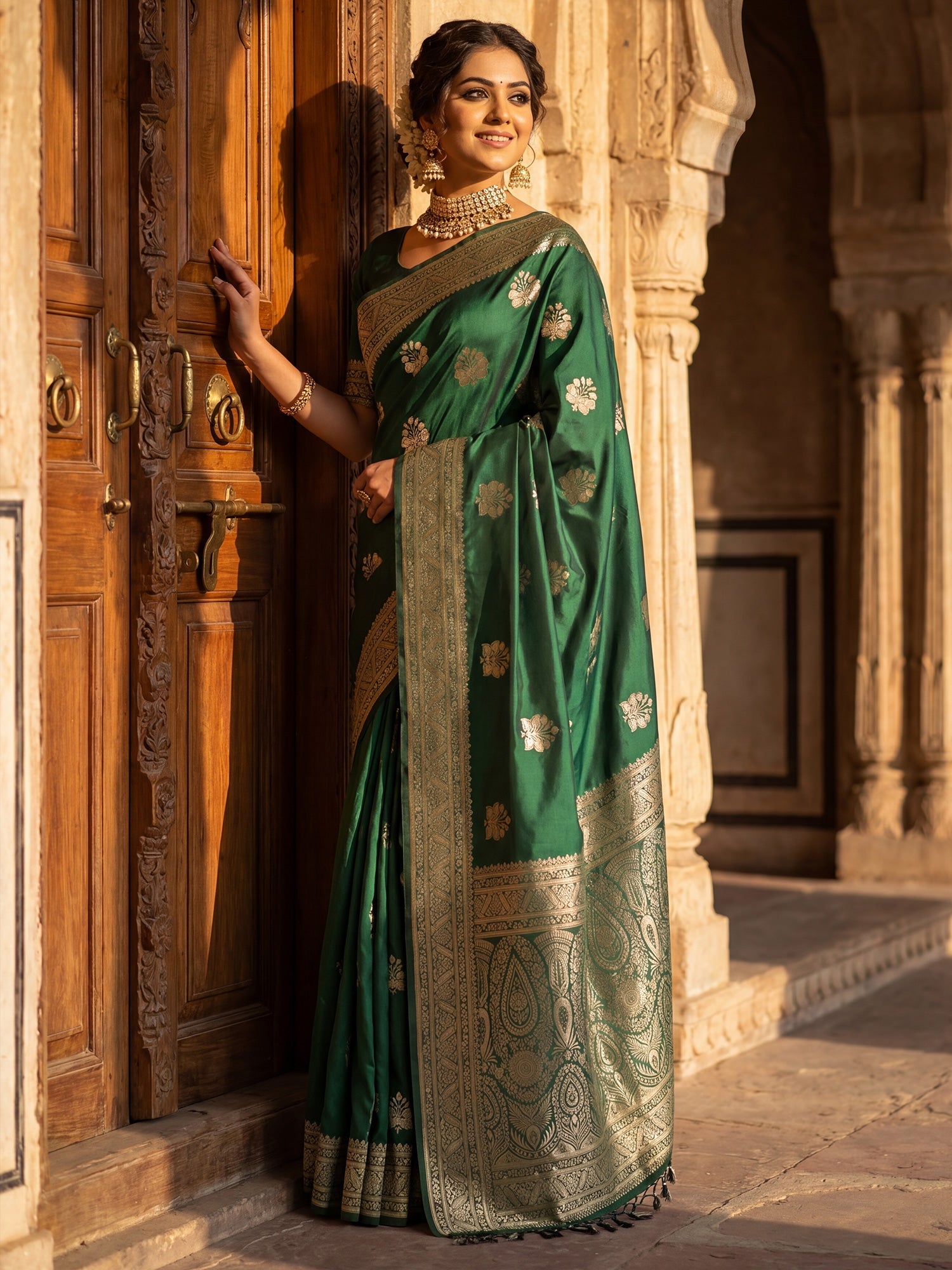 Saree Emerald Green Floral Butti Banarasi Silk - Ressa