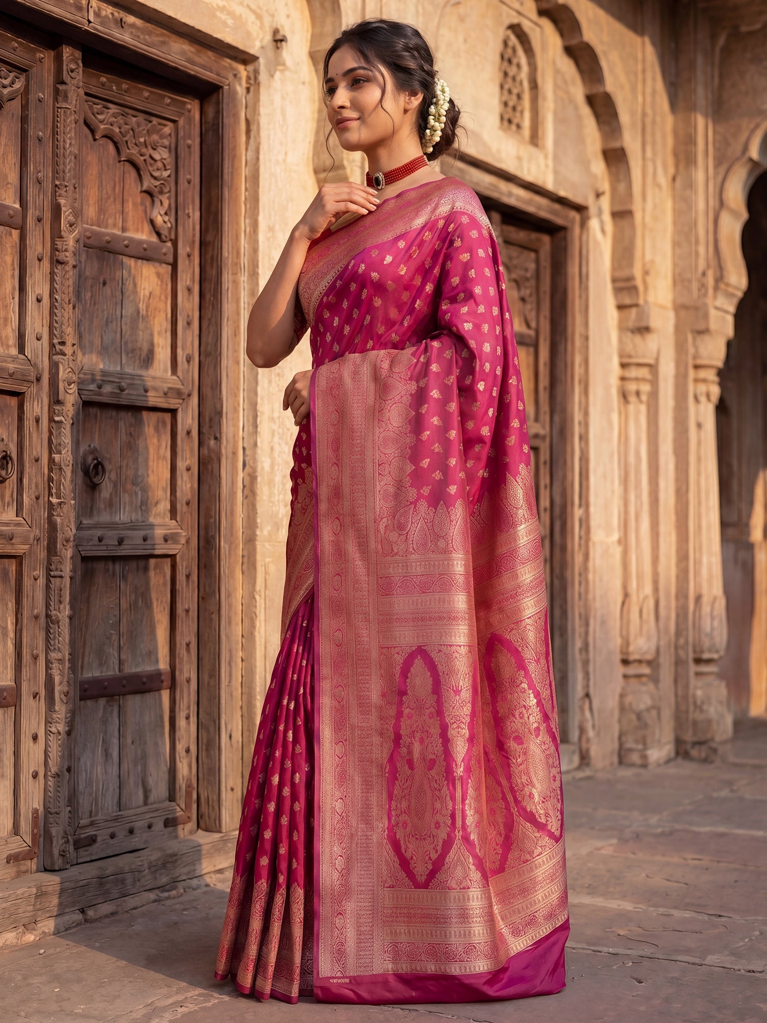 Saree Festive Magenta Pink Floral Butti Banarasi Silk - Ressa