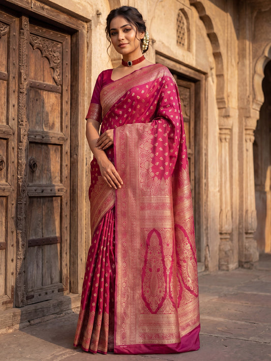 Saree Festive Magenta Pink Floral Butti Banarasi Silk - Ressa