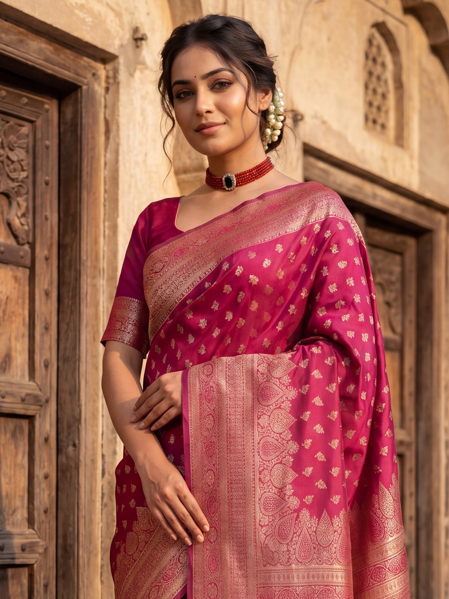 Saree Festive Magenta Pink Floral Butti Banarasi Silk - Ressa