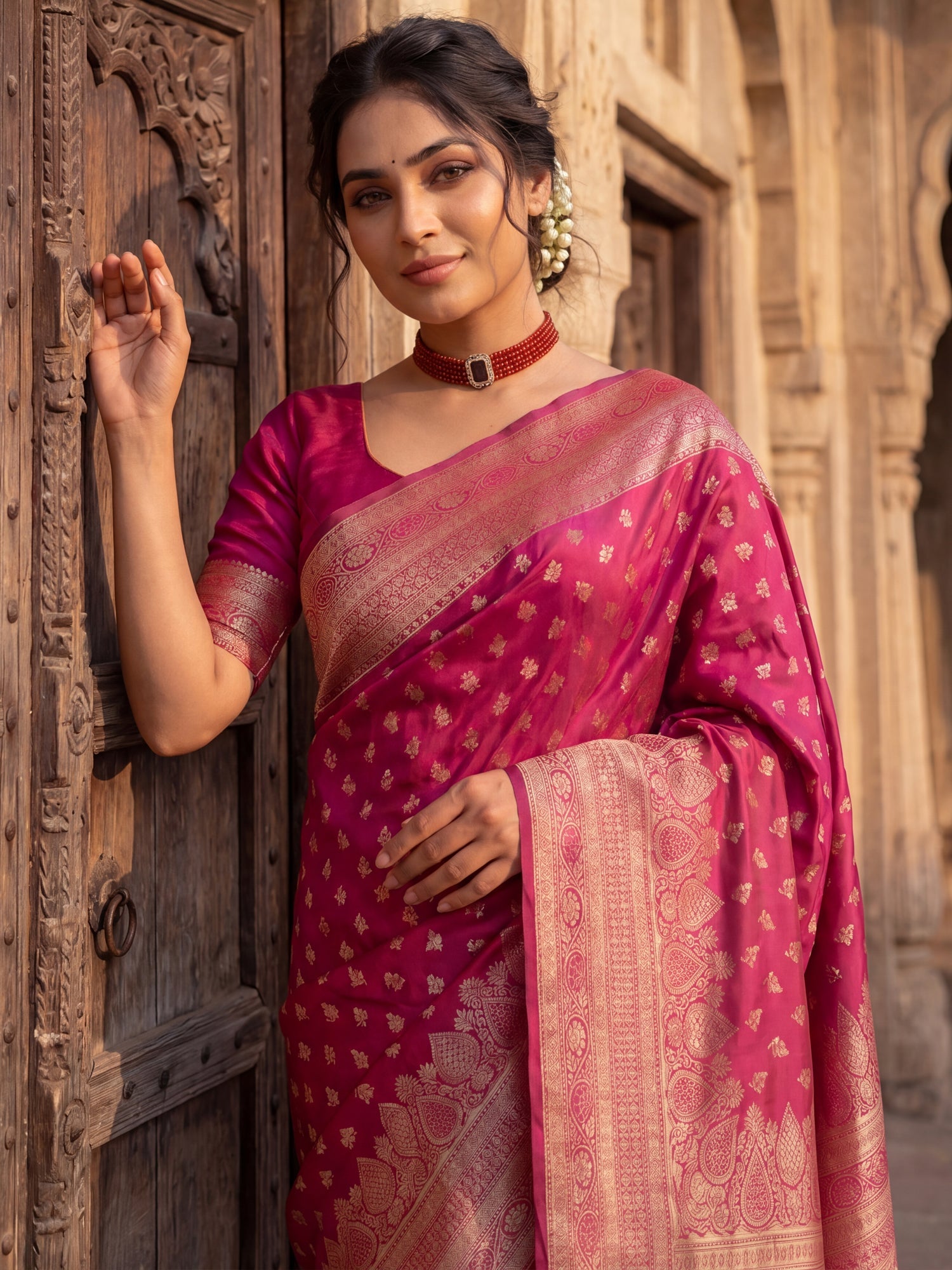 Saree Festive Magenta Pink Floral Butti Banarasi Silk - Ressa
