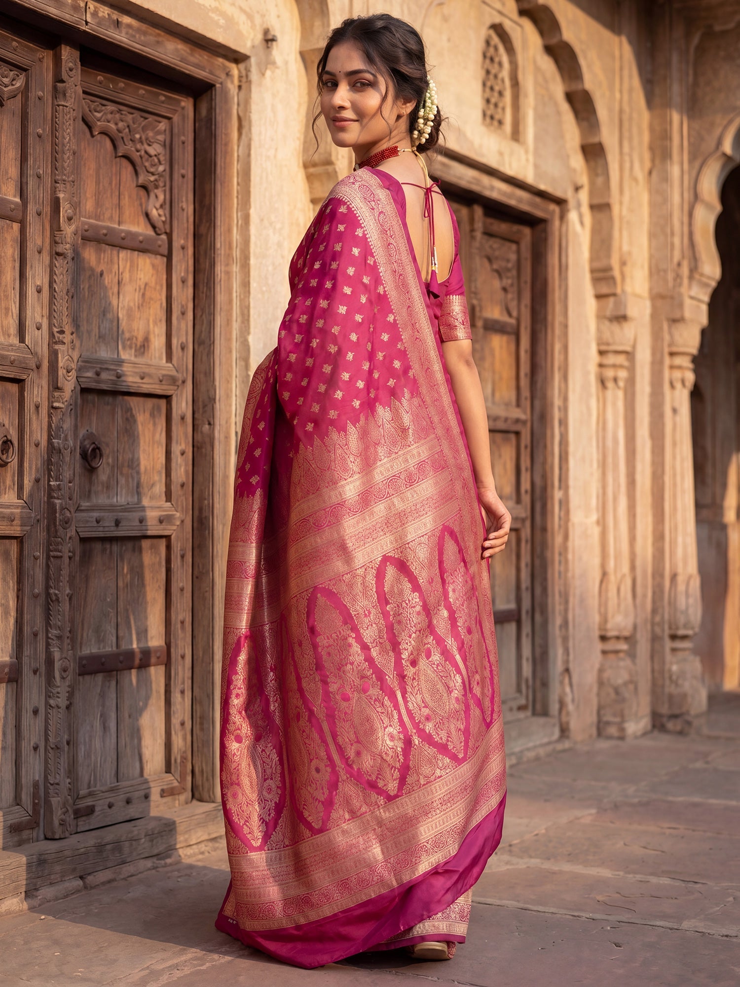 Saree Festive Magenta Pink Floral Butti Banarasi Silk - Ressa