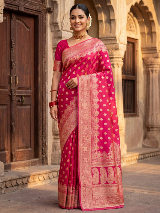 Saree Festive Rani Pink Floral Butti Banarasi Silk - Ressa