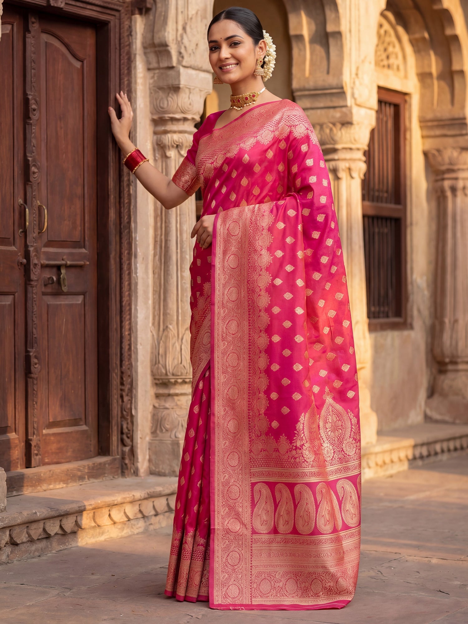 Saree Festive Rani Pink Floral Butti Banarasi Silk - Ressa