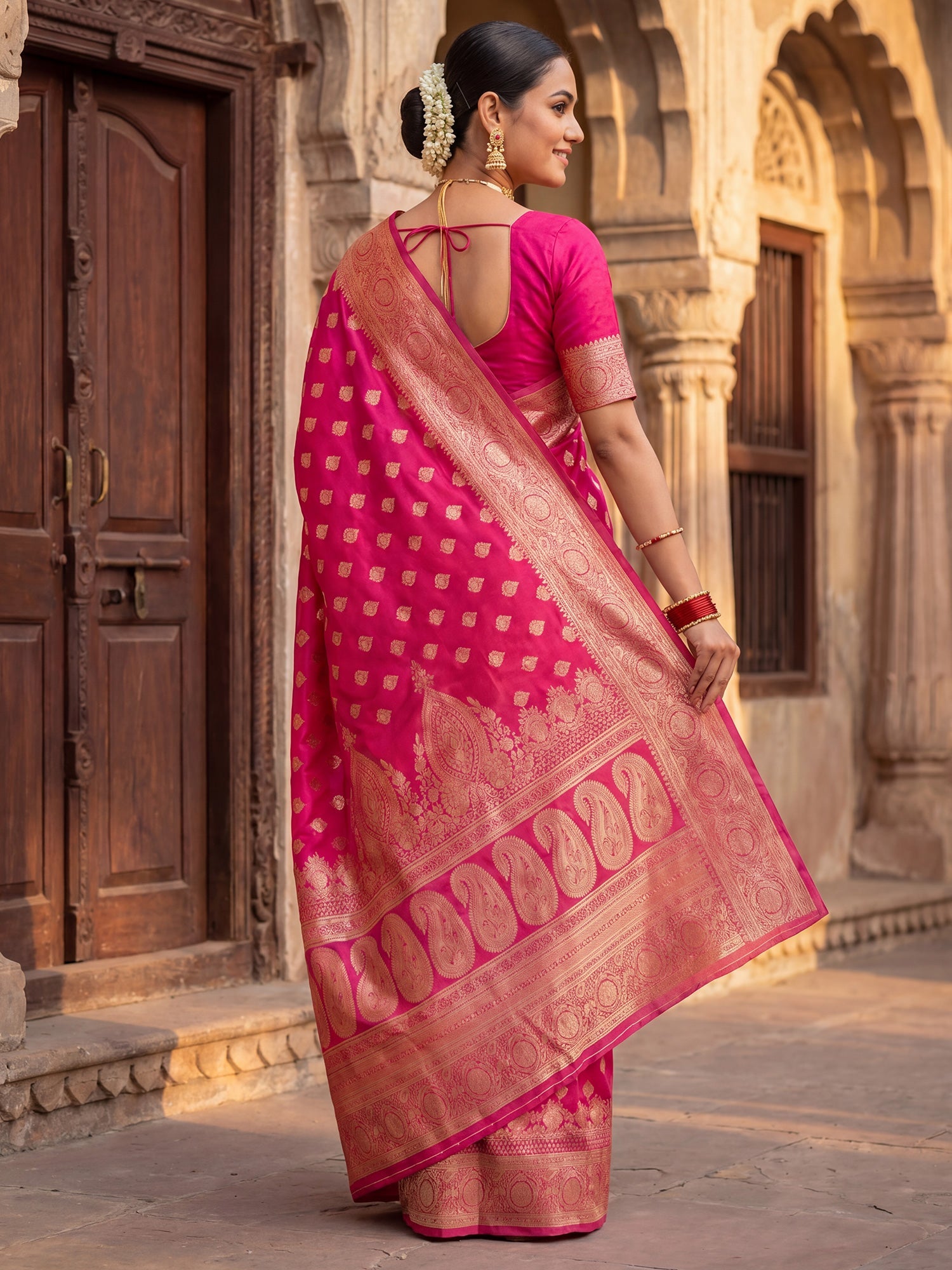 Saree Festive Rani Pink Floral Butti Banarasi Silk - Ressa