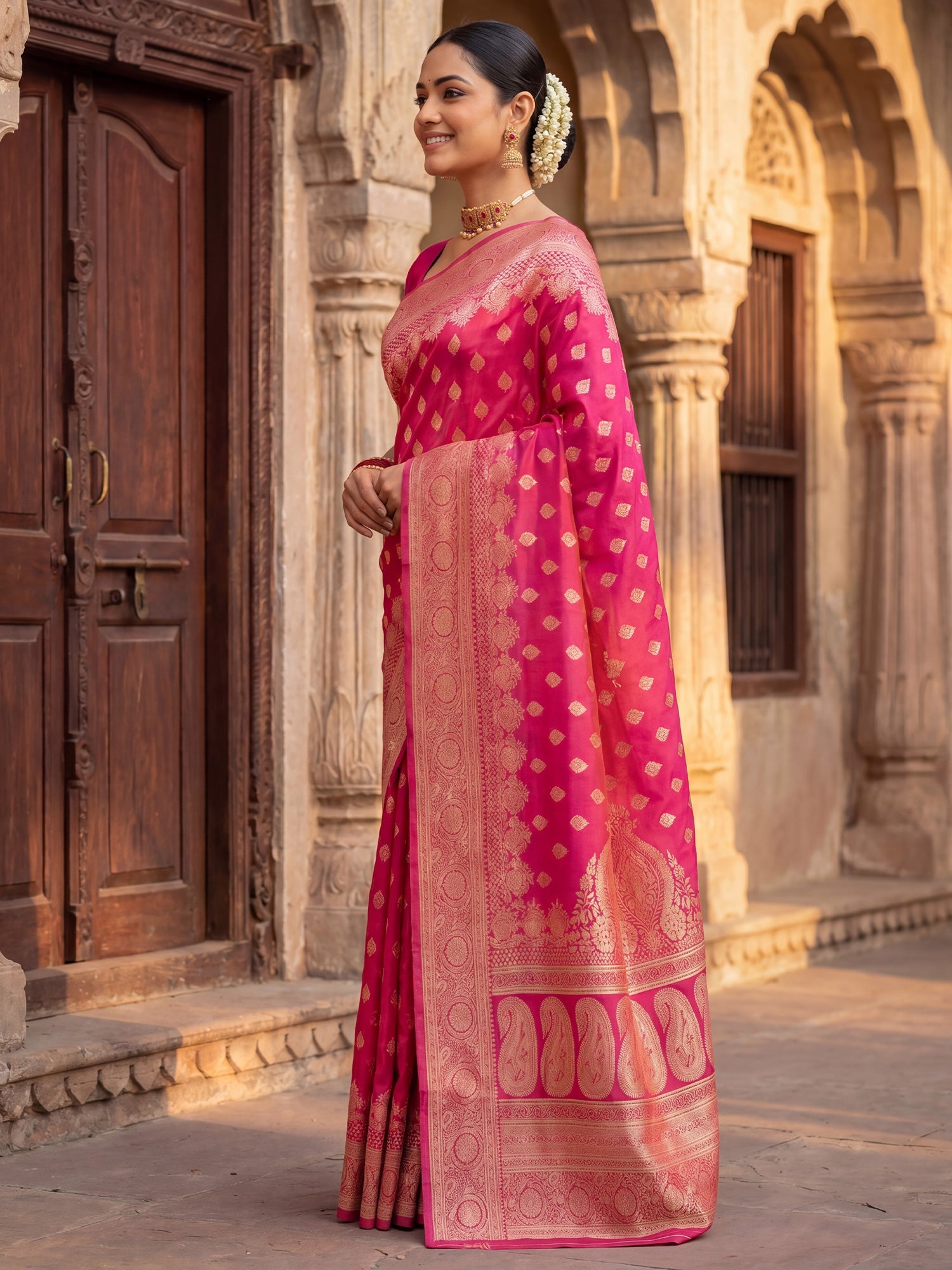 Saree Festive Rani Pink Floral Butti Banarasi Silk - Ressa