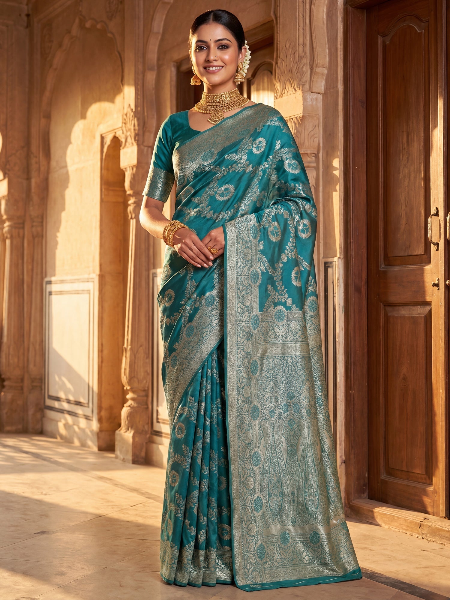 Saree Heirloom Rama Green Diagonal Foliage Banarasi Silk - Ressa