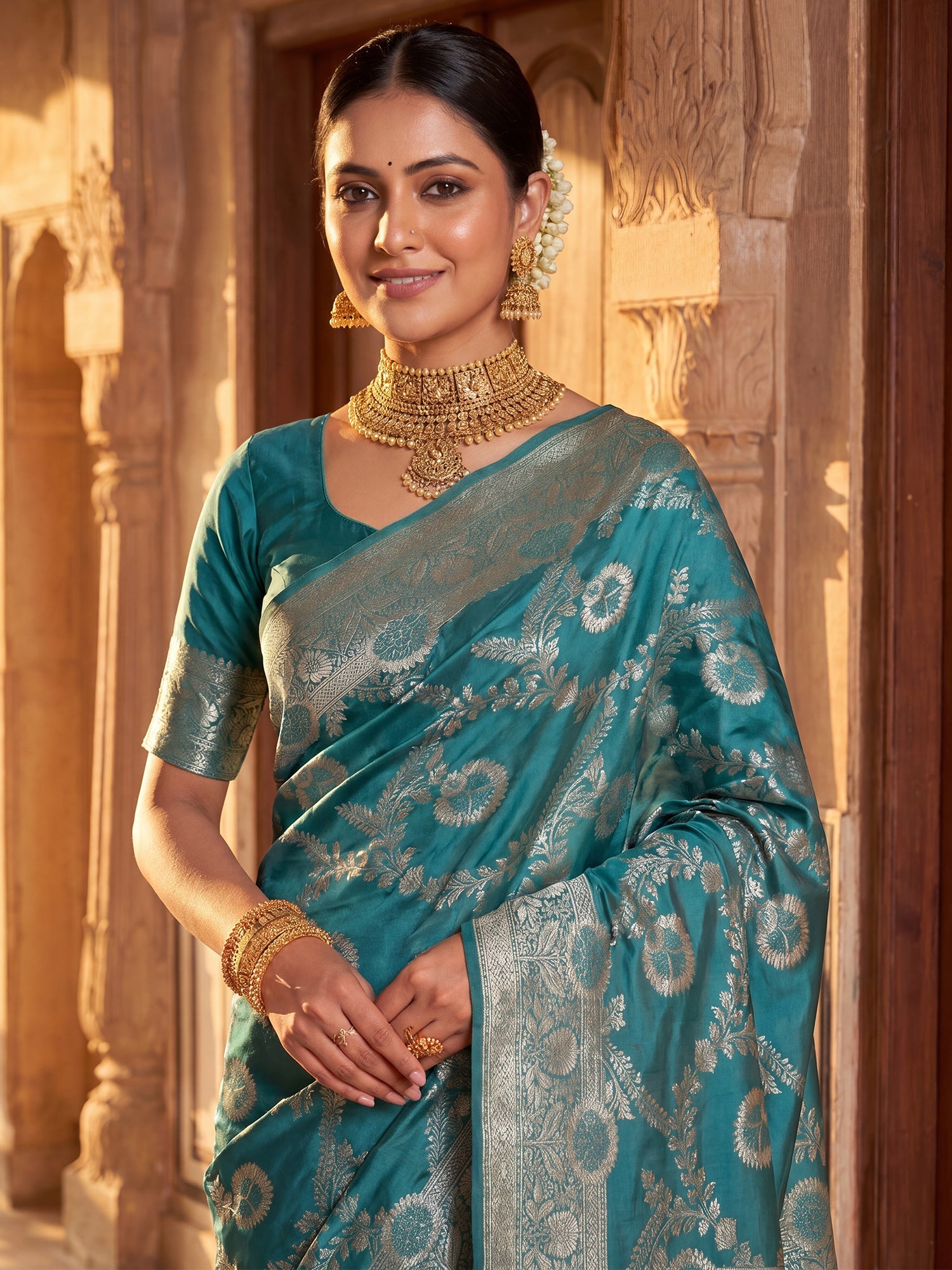 Saree Heirloom Rama Green Diagonal Foliage Banarasi Silk - Ressa