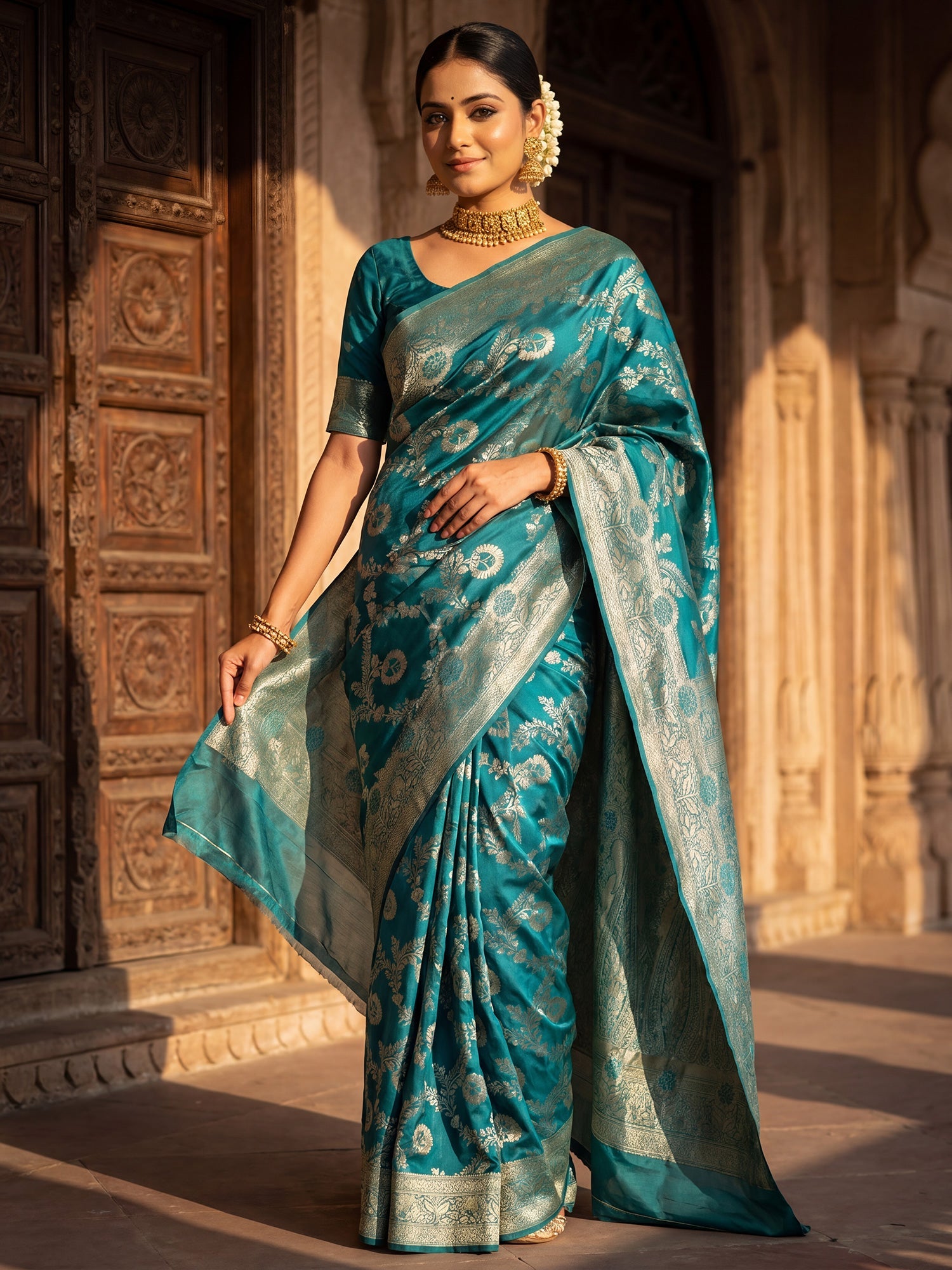 Saree Heirloom Rama Green Diagonal Foliage Banarasi Silk - Ressa