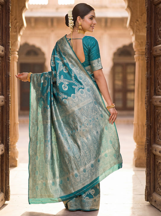 Saree Heirloom Rama Green Diagonal Foliage Banarasi Silk - Ressa