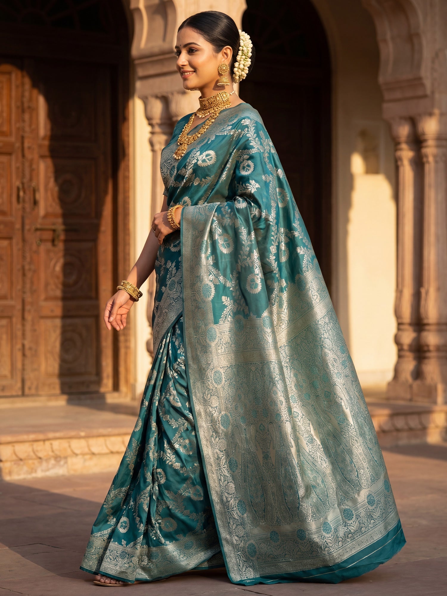 Saree Heirloom Rama Green Diagonal Foliage Banarasi Silk - Ressa