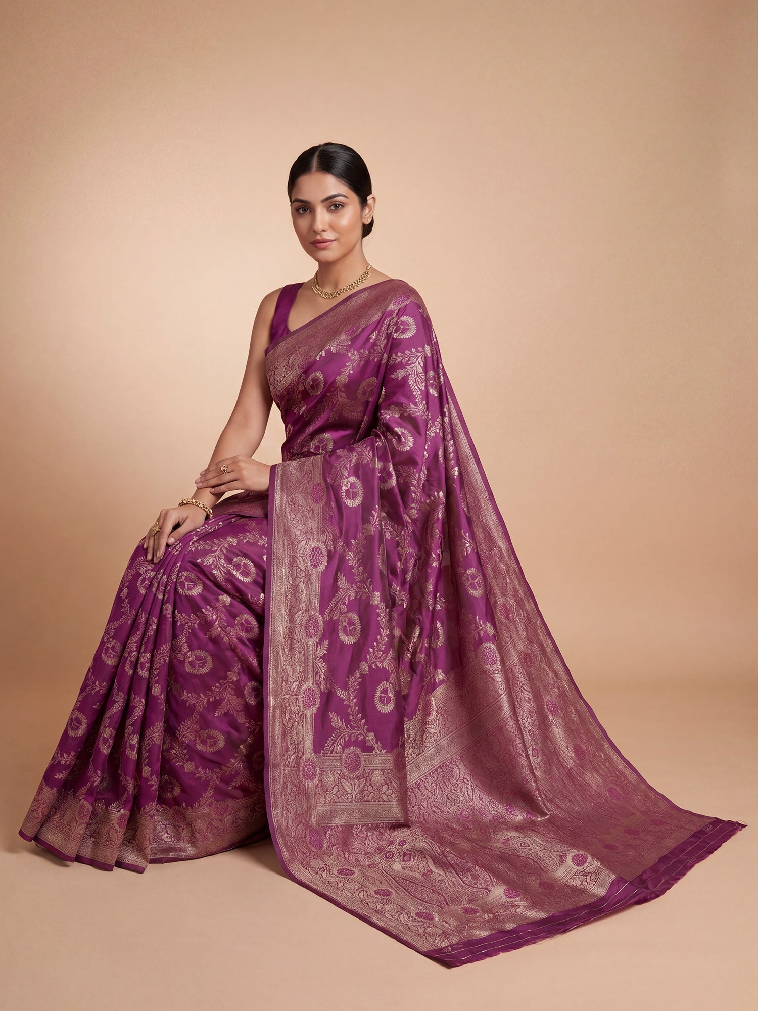 Saree Heirloom Wine Maroon Foliage Vine Banarasi Silk - Ressa