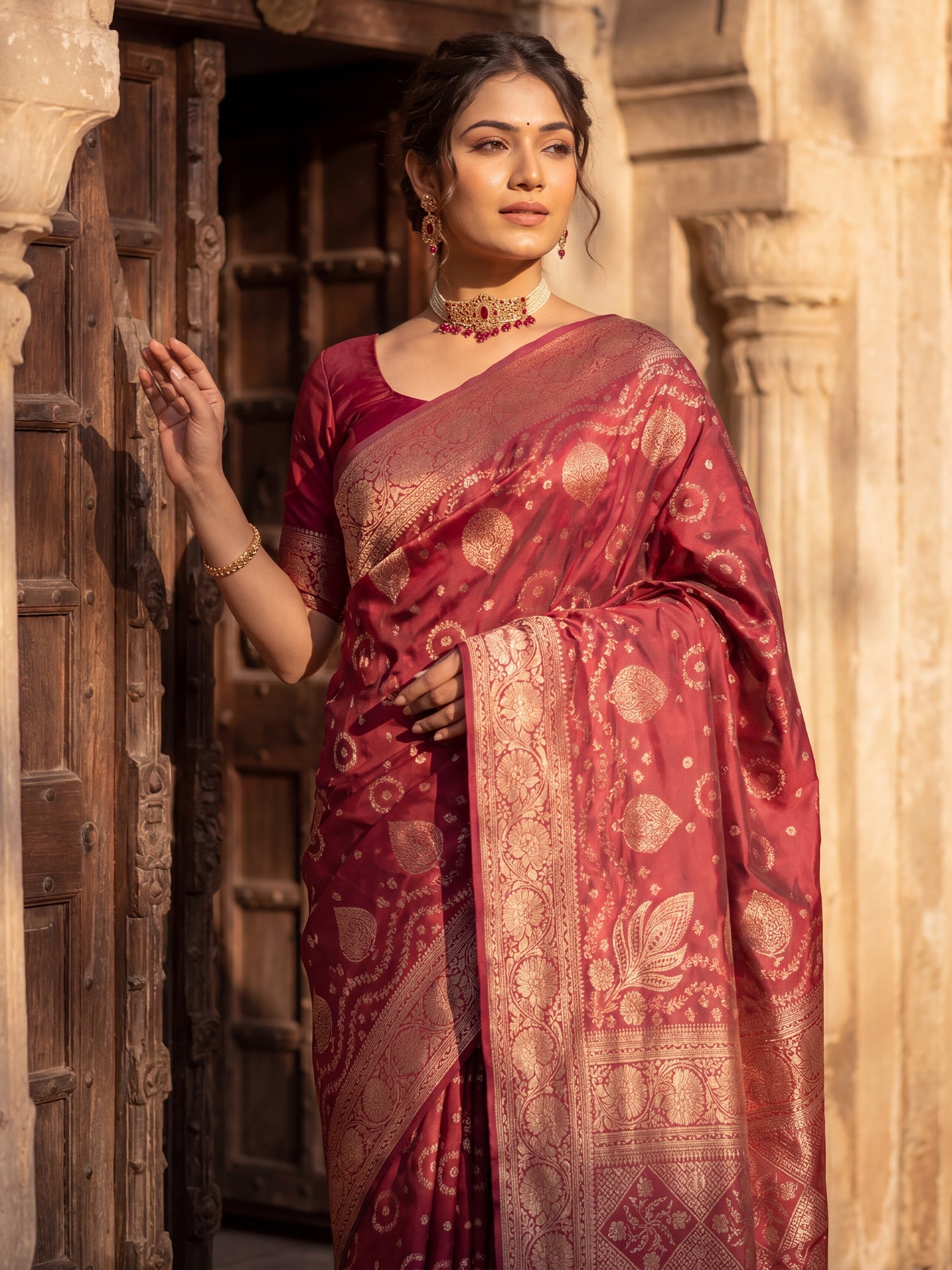 Saree Heritage Maroon Bandhani Grid & Paisley Banarasi Silk - Ressa