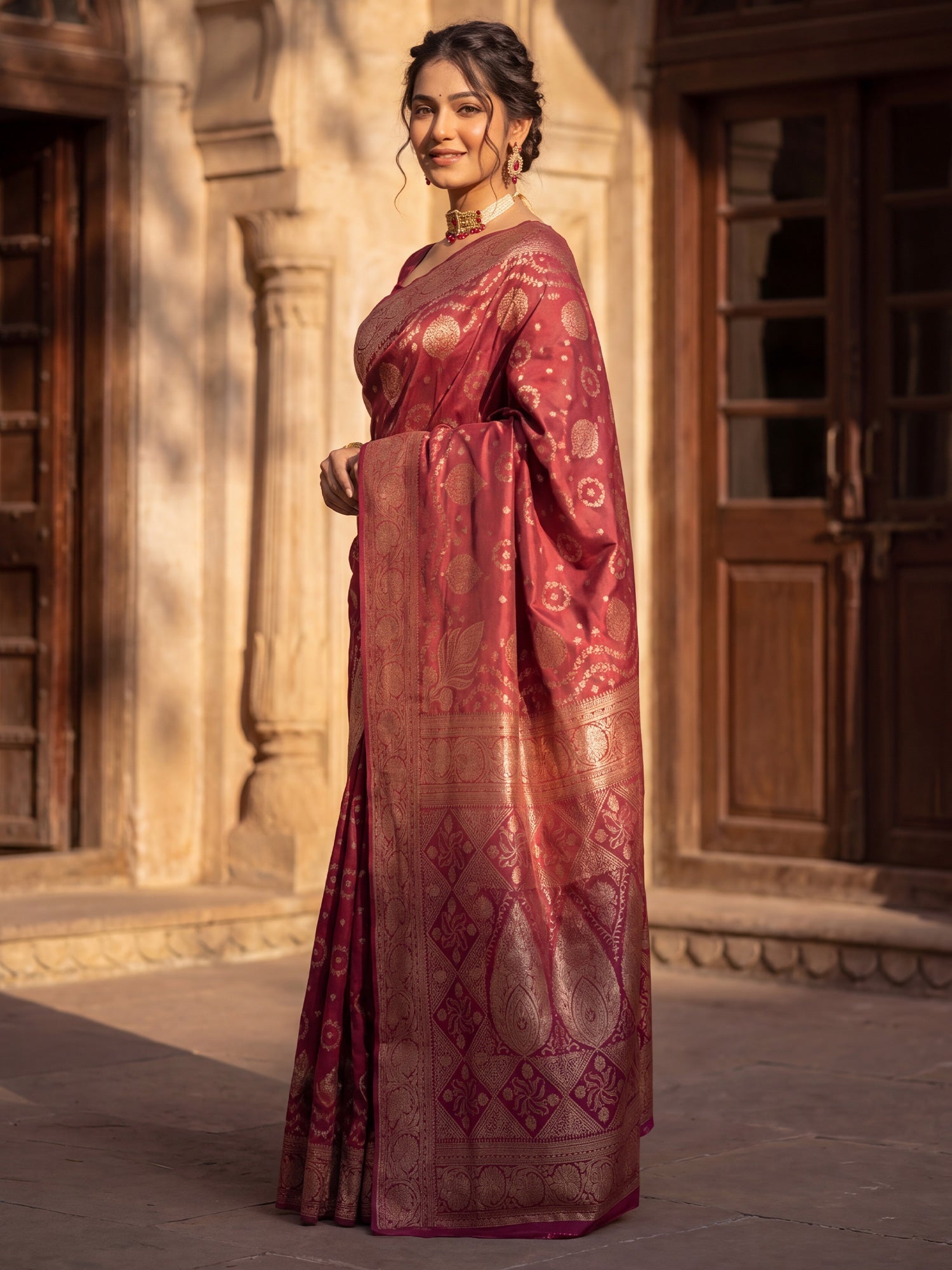 Saree Heritage Maroon Bandhani Grid & Paisley Banarasi Silk - Ressa