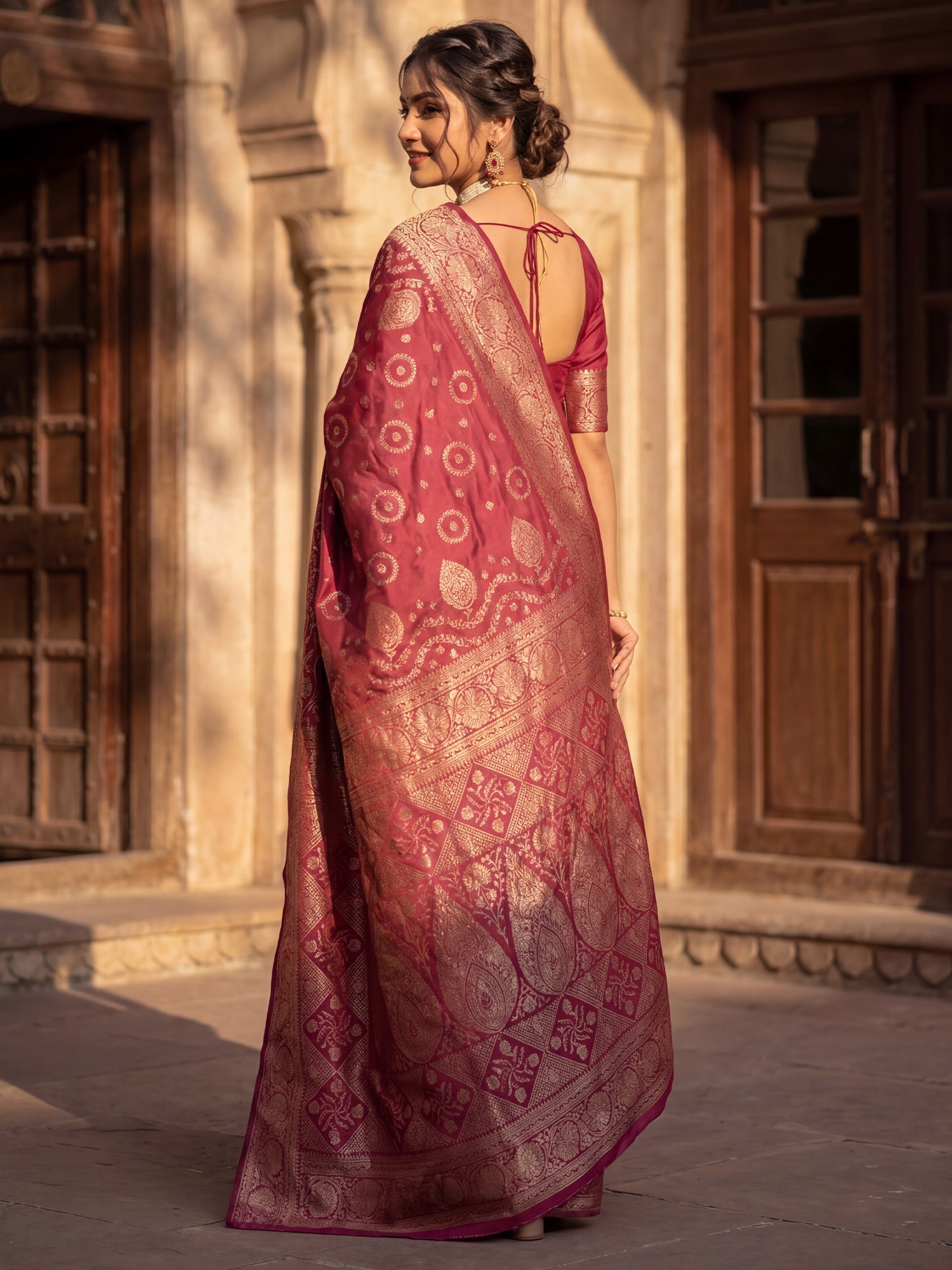 Saree Heritage Maroon Bandhani Grid & Paisley Banarasi Silk - Ressa