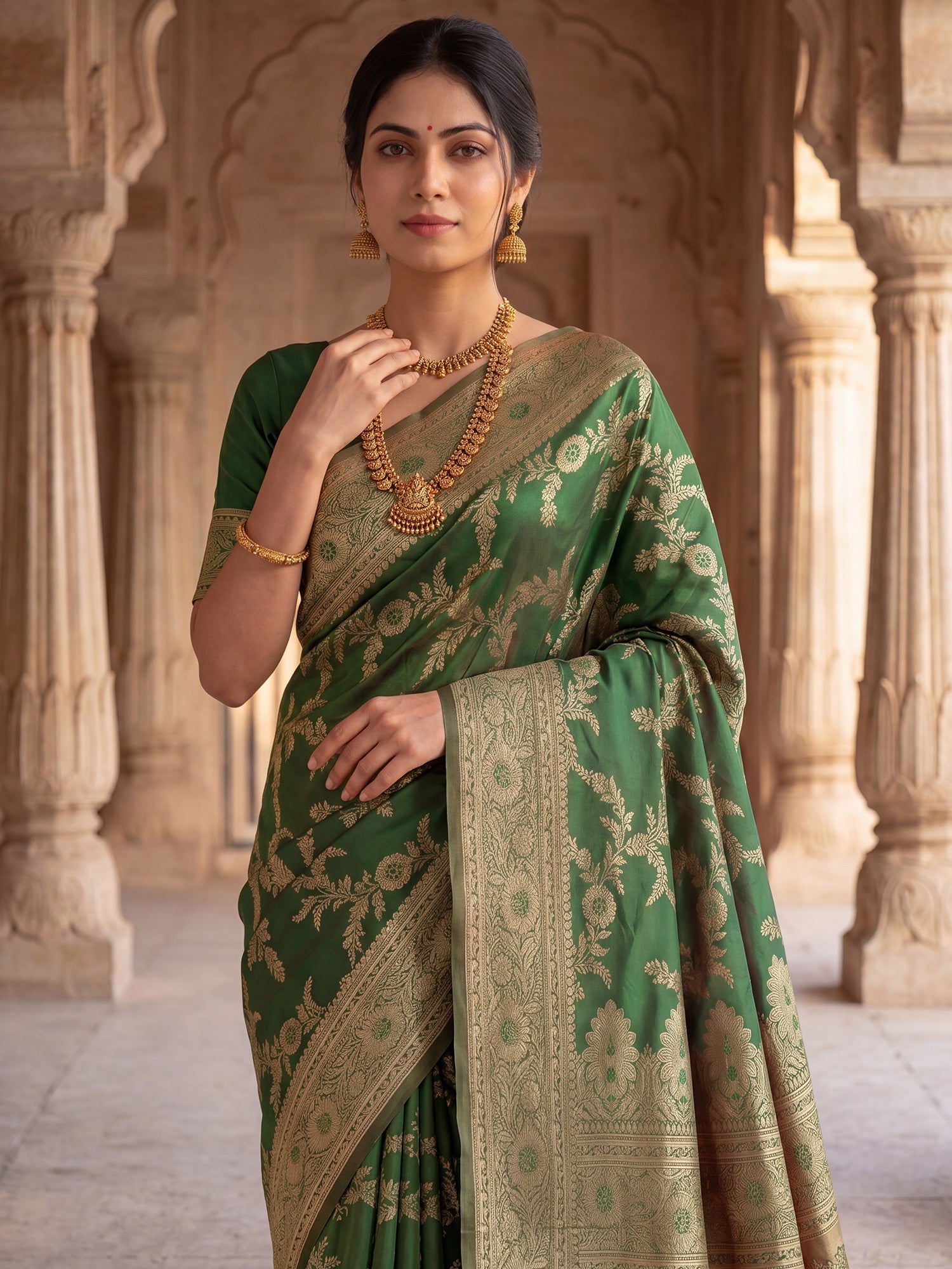 Saree Heritage Moss Green Floral Vine Banarasi Silk - Ressa