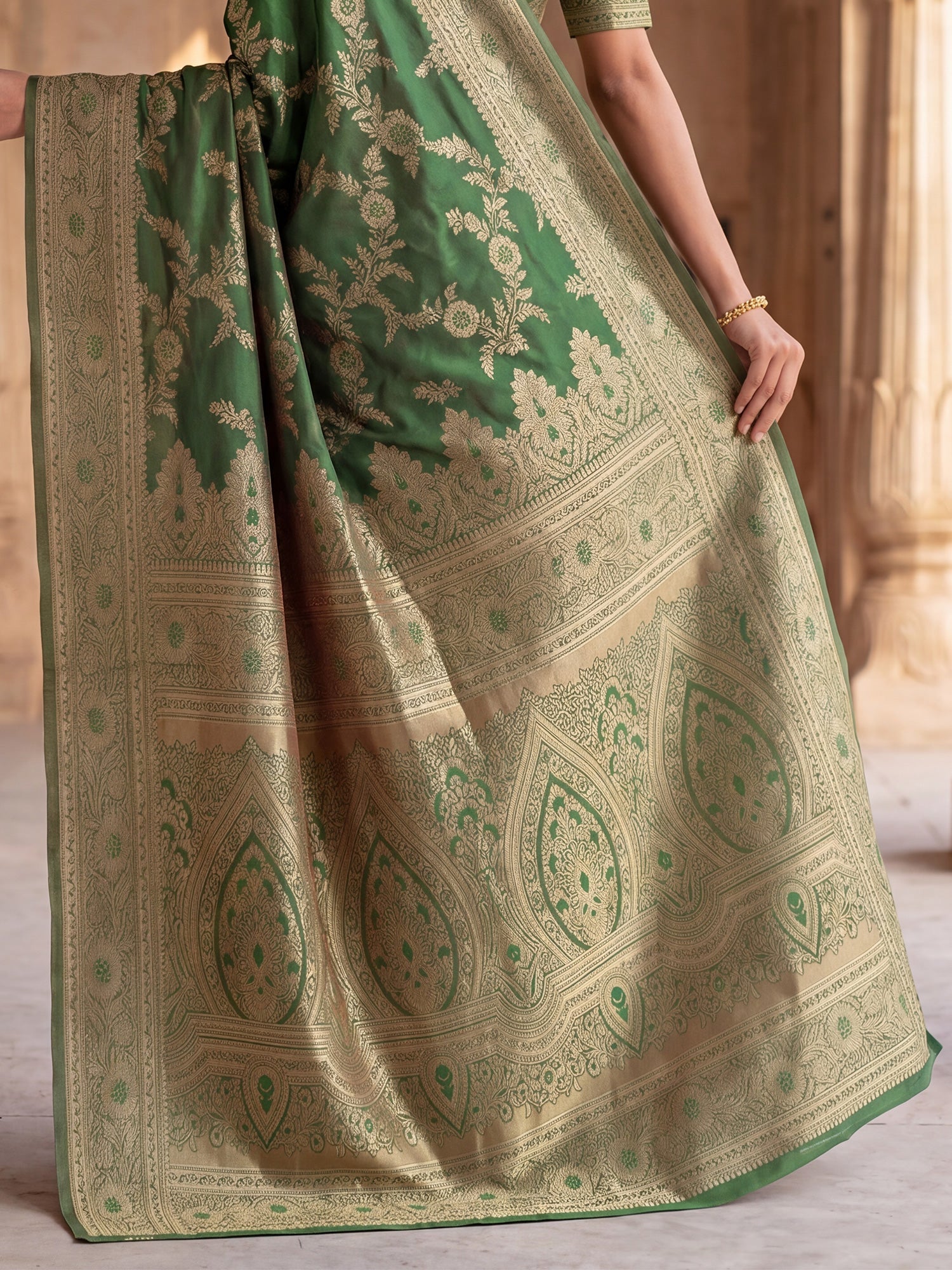 Saree Heritage Moss Green Floral Vine Banarasi Silk - Ressa
