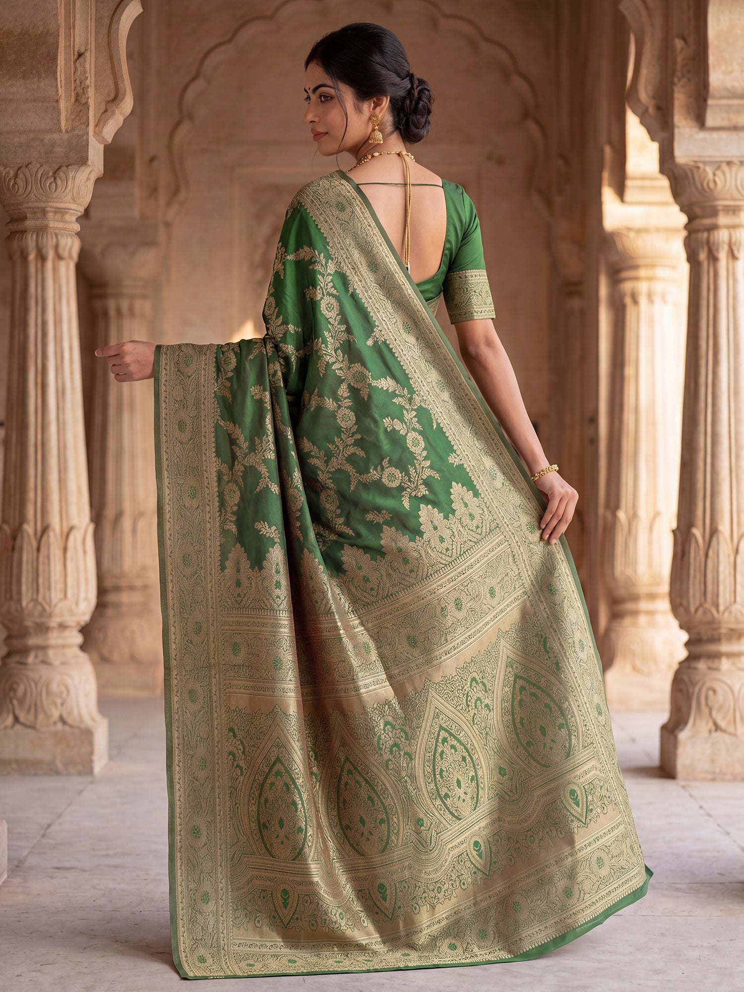 Saree Heritage Moss Green Floral Vine Banarasi Silk - Ressa