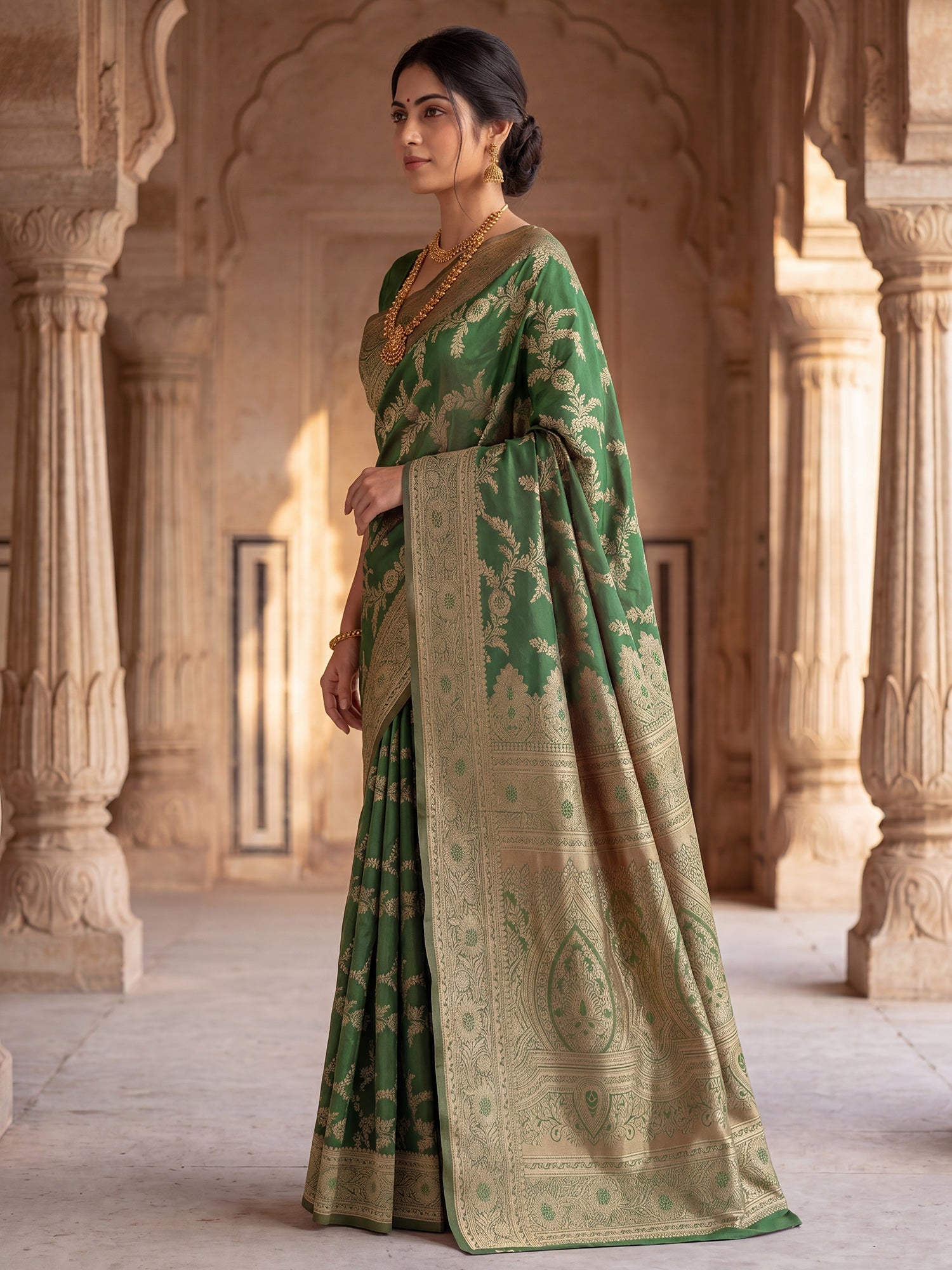 Saree Heritage Moss Green Floral Vine Banarasi Silk - Ressa