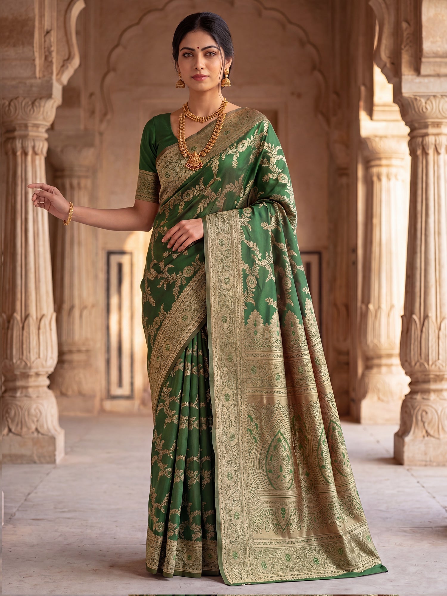 Saree Heritage Moss Green Floral Vine Banarasi Silk - Ressa