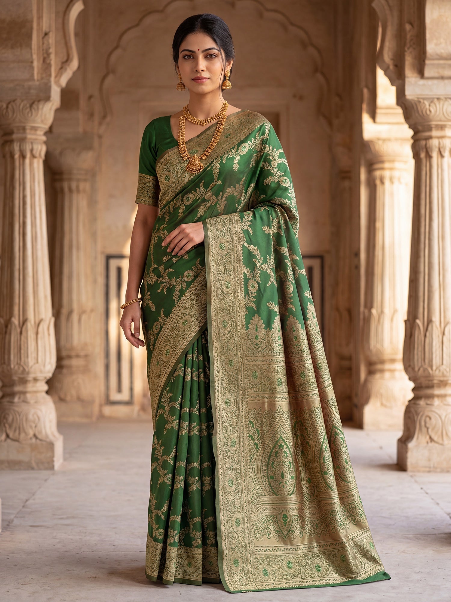 Saree Heritage Moss Green Floral Vine Banarasi Silk - Ressa