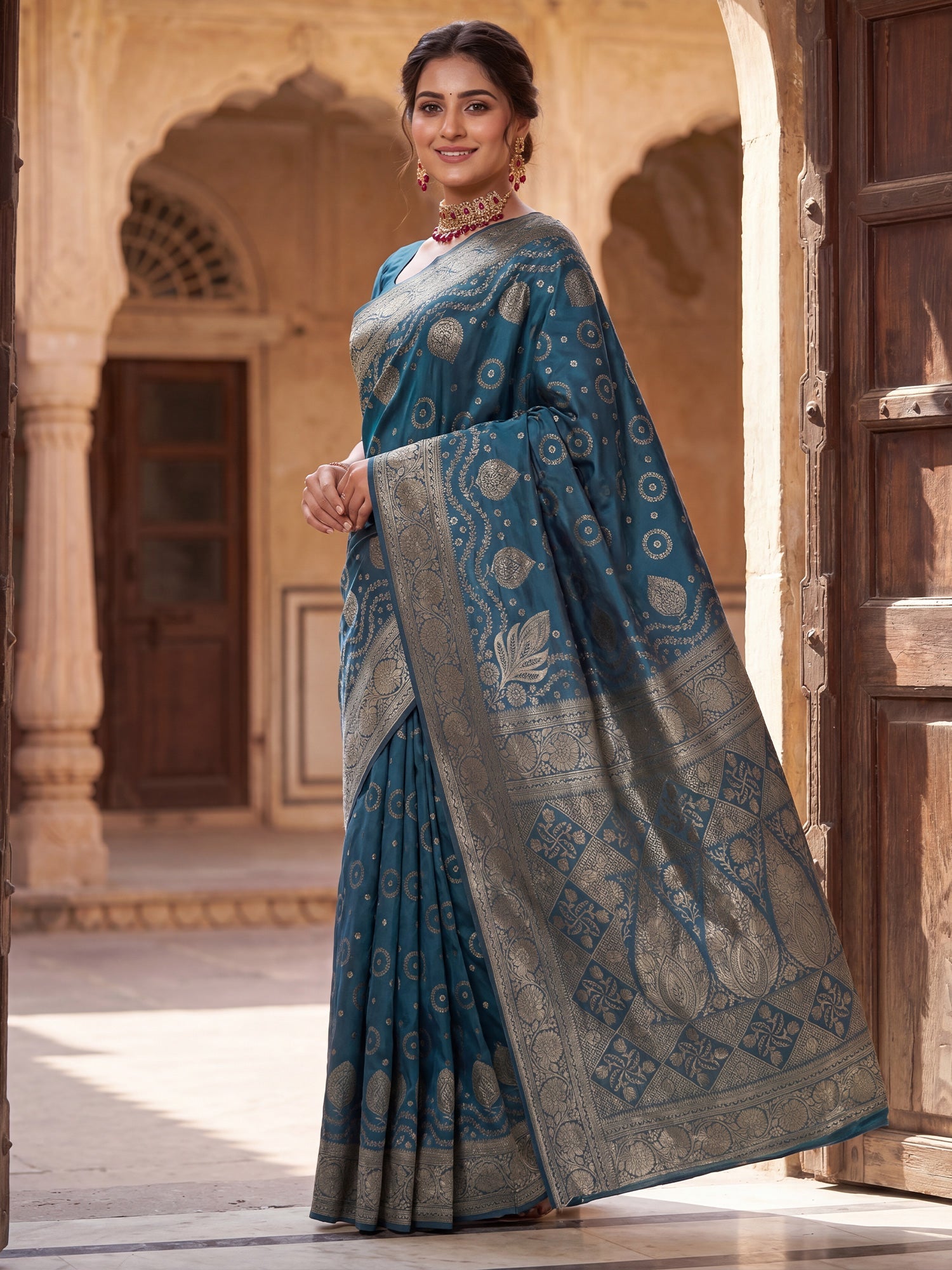 Saree Heritage Rama Teal Bandhani Grid &amp; Paisley Banarasi Silk - Ressa