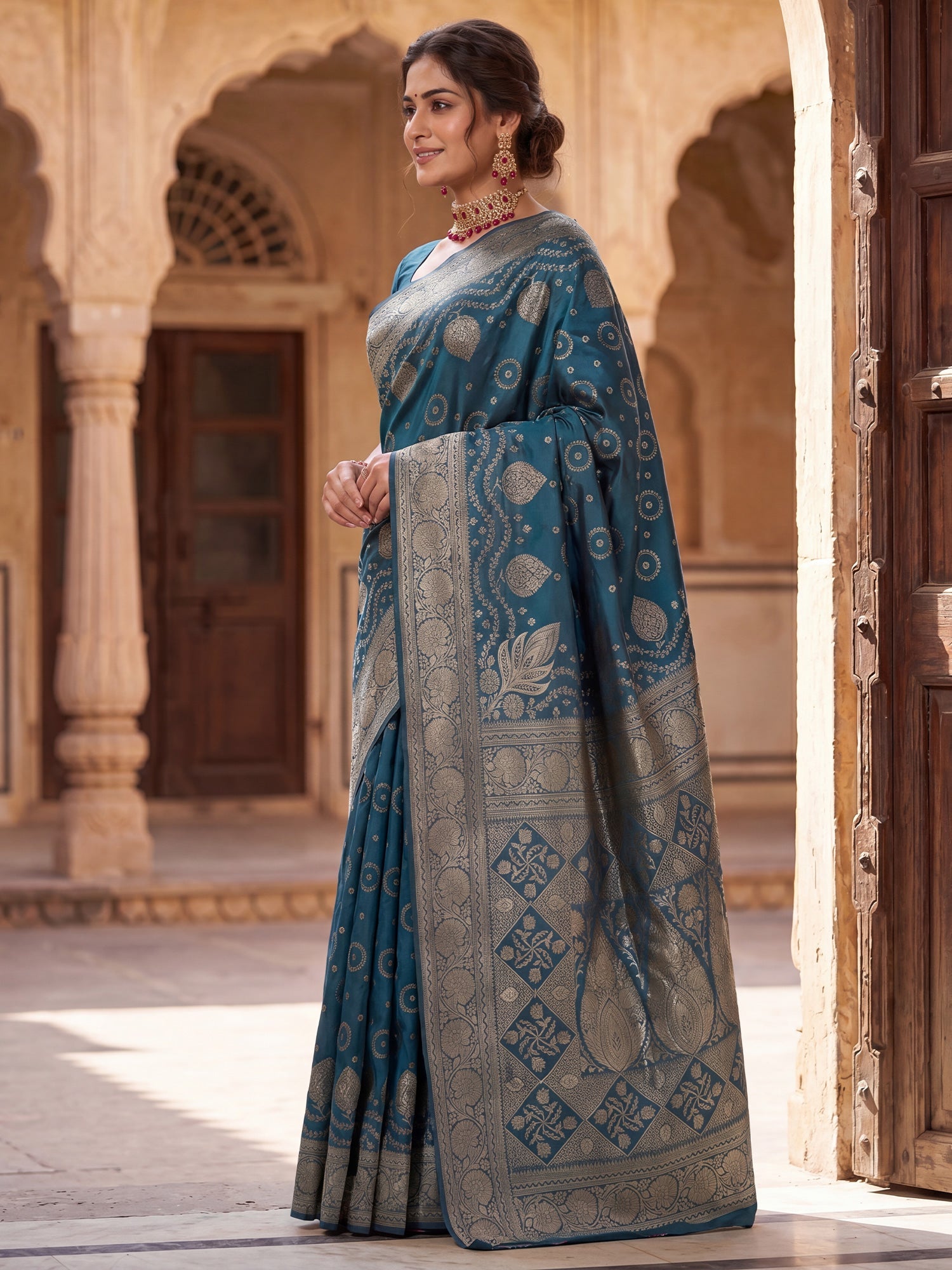Saree Heritage Rama Teal Bandhani Grid &amp; Paisley Banarasi Silk - Ressa
