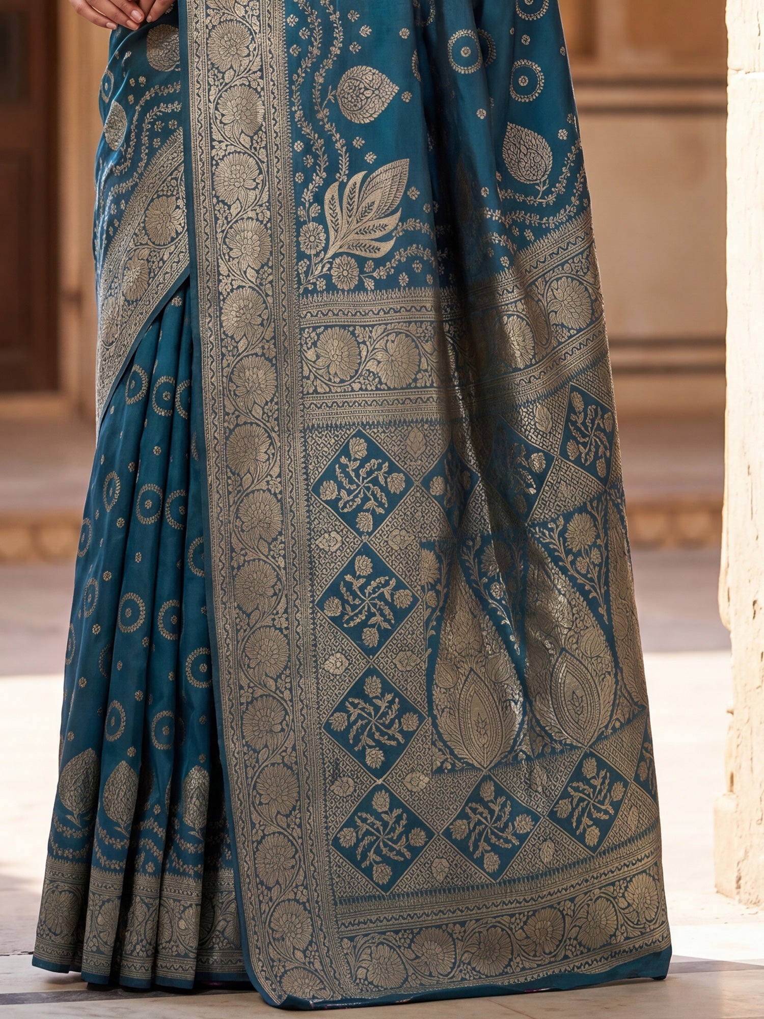 Saree Heritage Rama Teal Bandhani Grid &amp; Paisley Banarasi Silk - Ressa