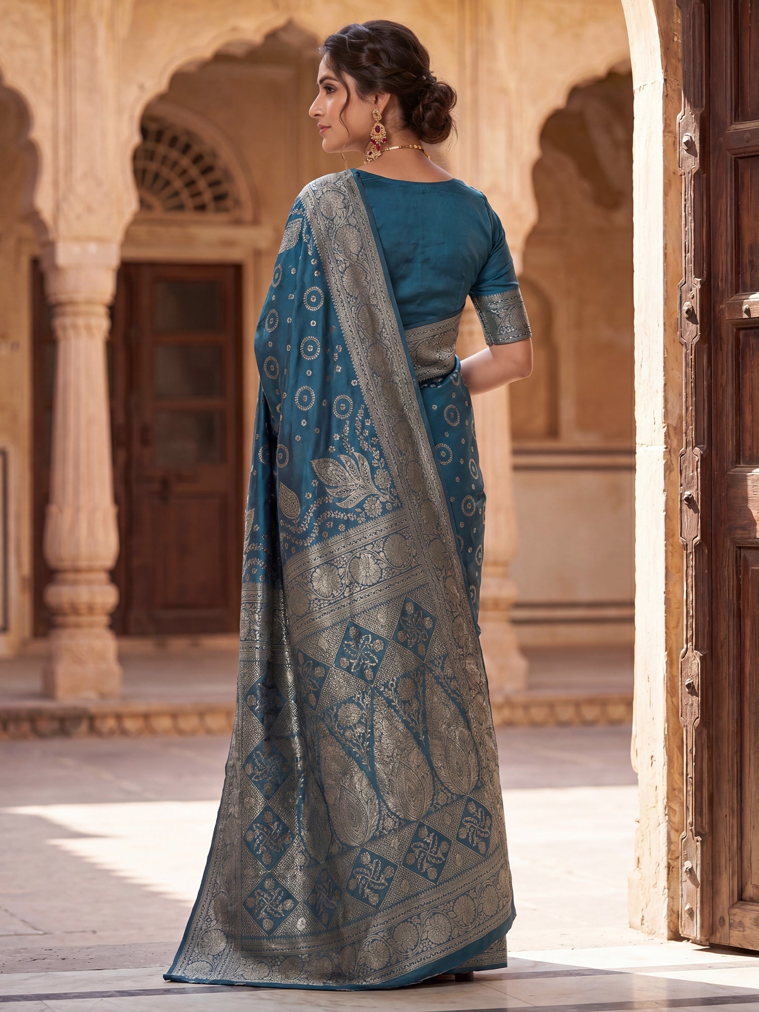 Saree Heritage Rama Teal Bandhani Grid &amp; Paisley Banarasi Silk - Ressa
