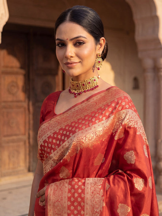 Saree Heritage Vermilion Red Diamond Grid Banarasi Silk - Ressa