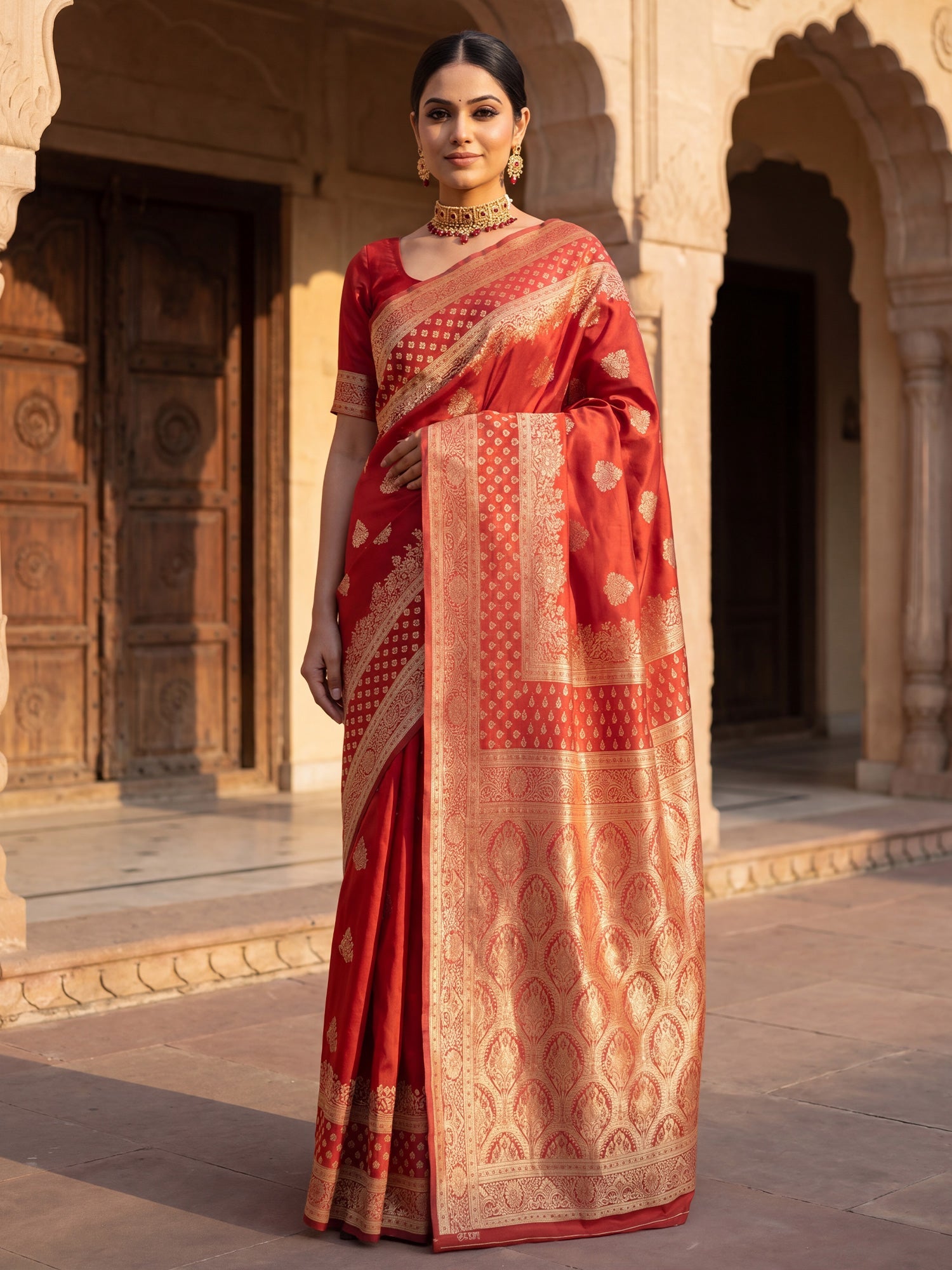 Saree Heritage Vermilion Red Diamond Grid Banarasi Silk - Ressa