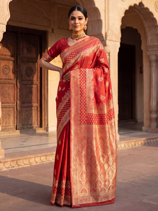 Saree Heritage Vermilion Red Diamond Grid Banarasi Silk - Ressa