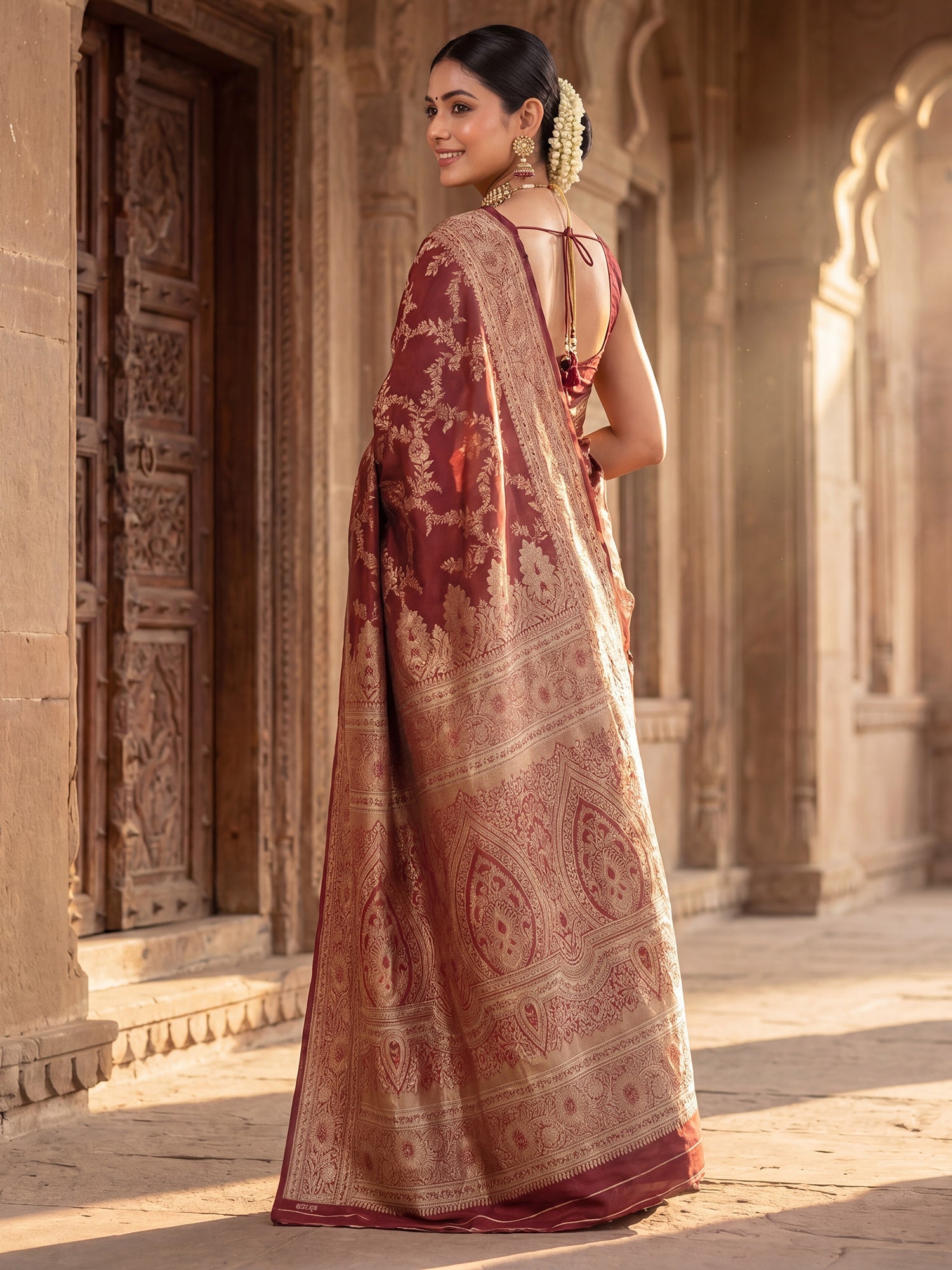 Saree Heritage Wine Red Floral Vine Banarasi Silk - Ressa