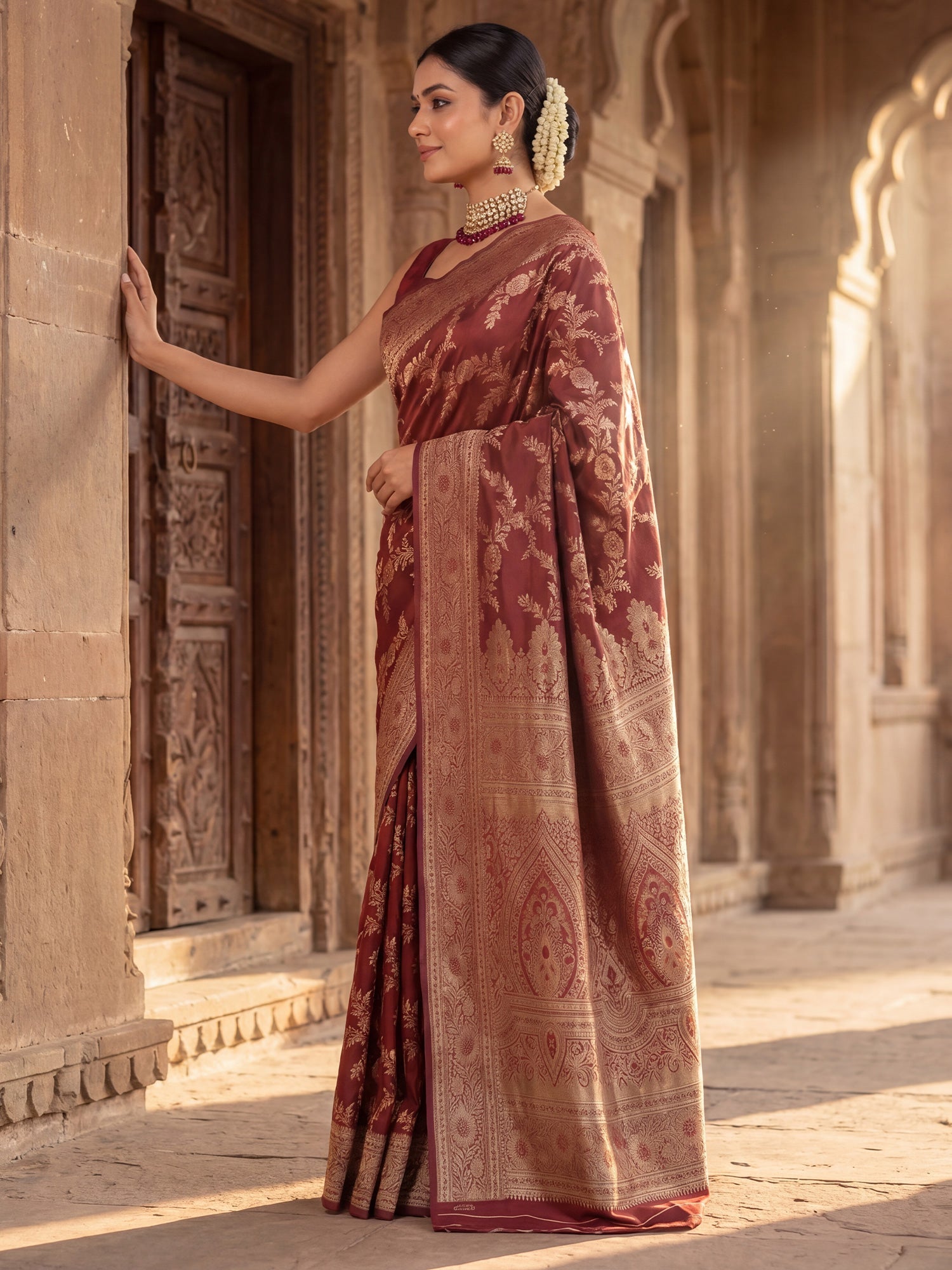 Saree Heritage Wine Red Floral Vine Banarasi Silk - Ressa