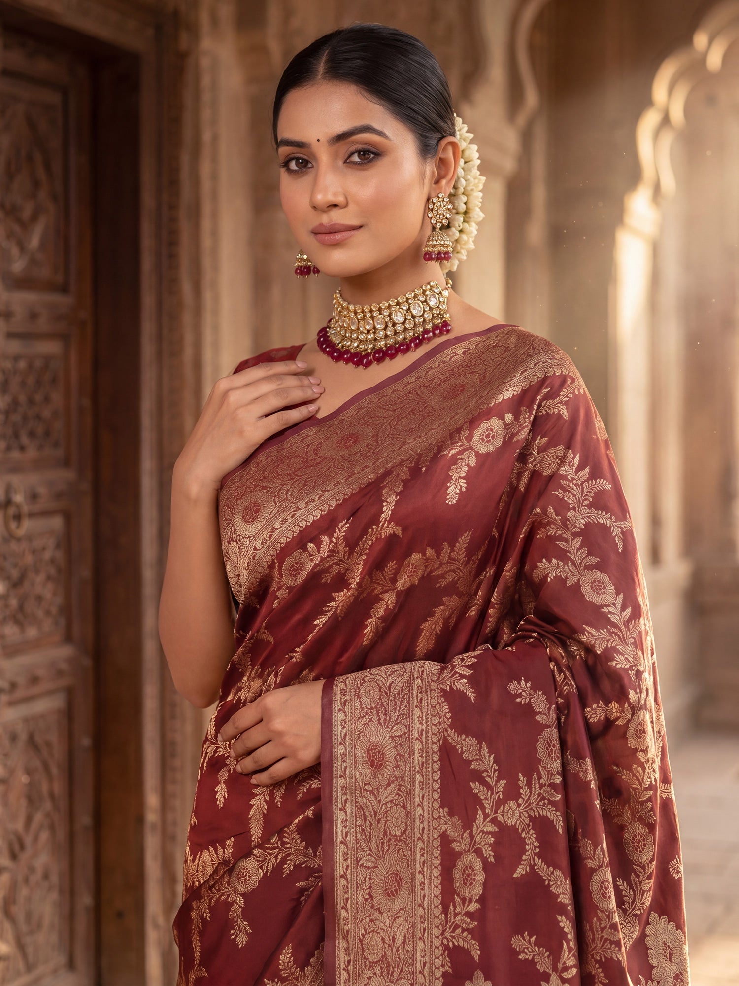 Saree Heritage Wine Red Floral Vine Banarasi Silk - Ressa