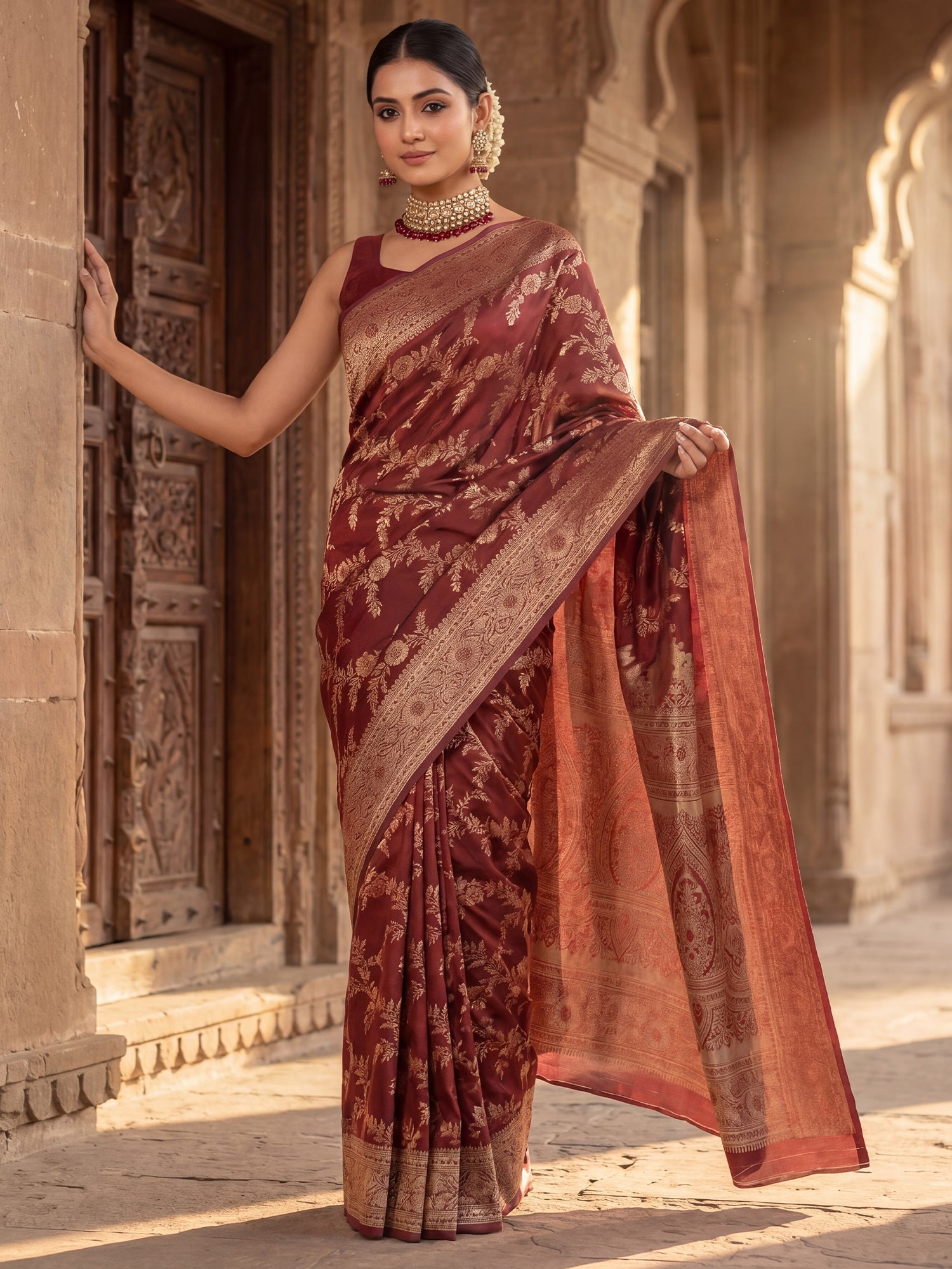 Saree Heritage Wine Red Floral Vine Banarasi Silk - Ressa