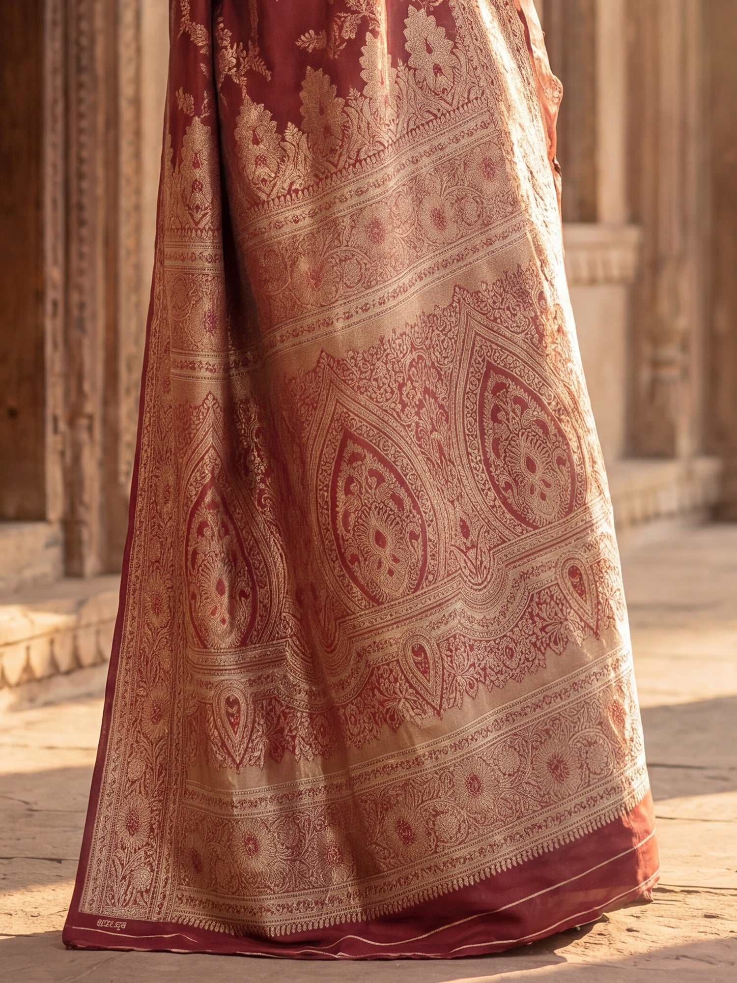 Saree Heritage Wine Red Floral Vine Banarasi Silk - Ressa