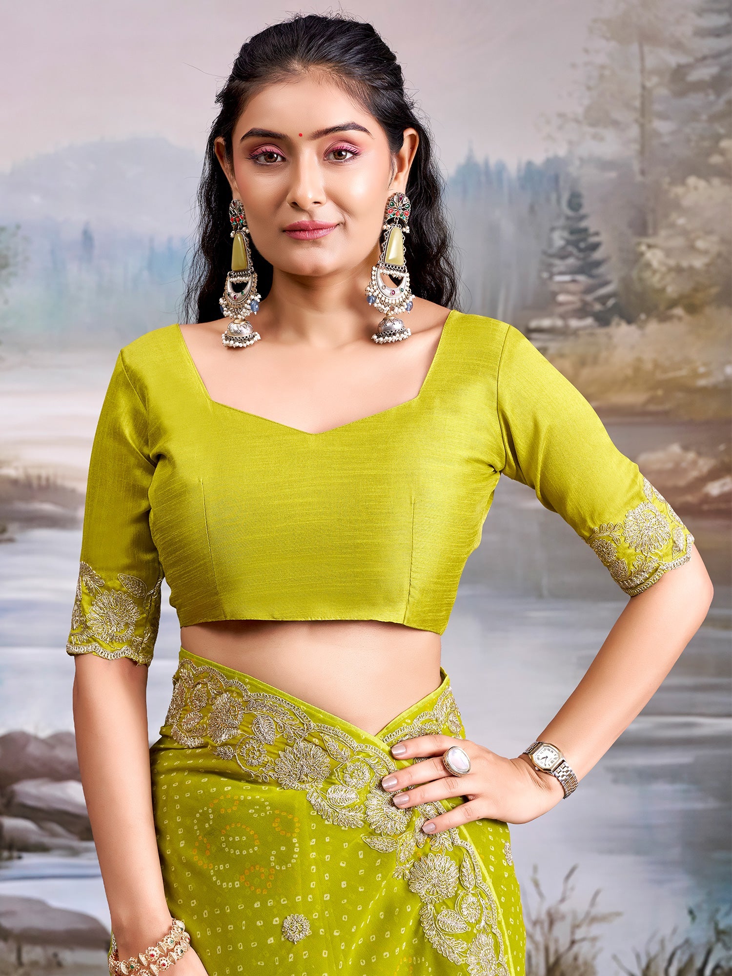 Saree Lime Green Bandhani Saree - Ressa