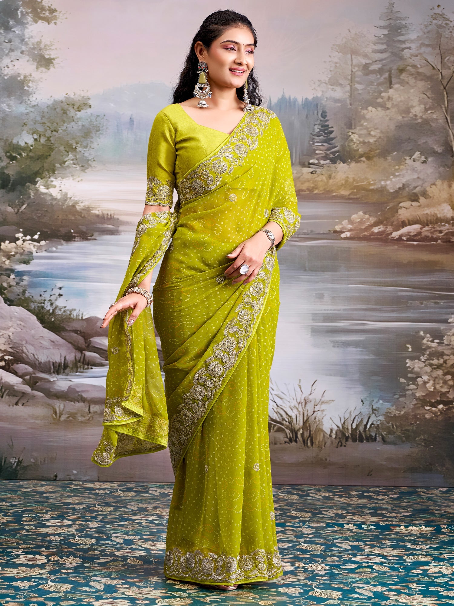 Saree Lime Green Bandhani Saree - Ressa