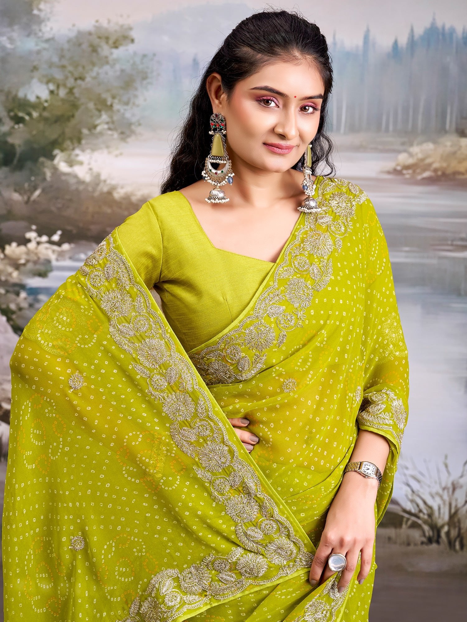 Saree Lime Green Bandhani Saree - Ressa