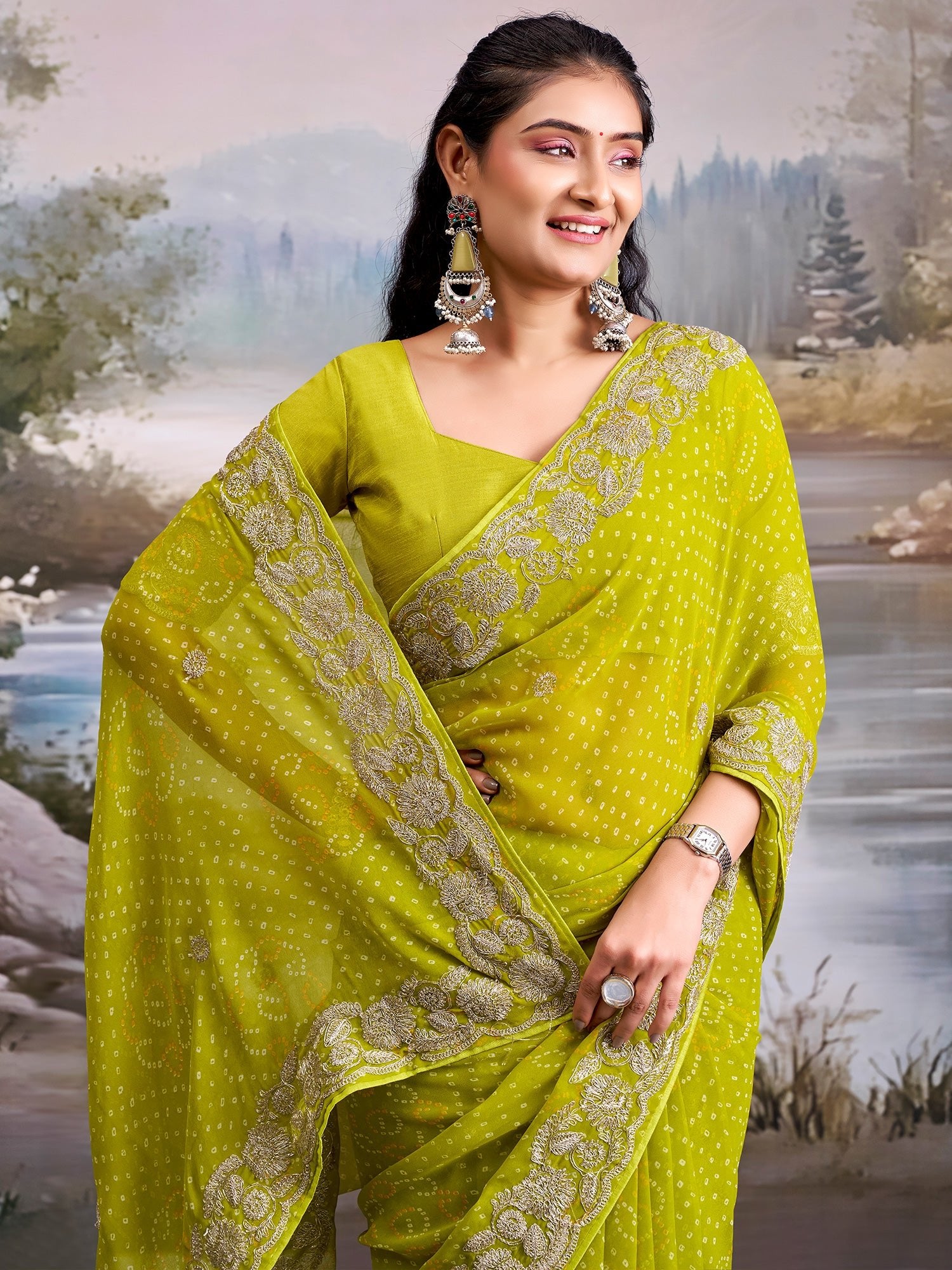 Saree Lime Green Bandhani Saree - Ressa