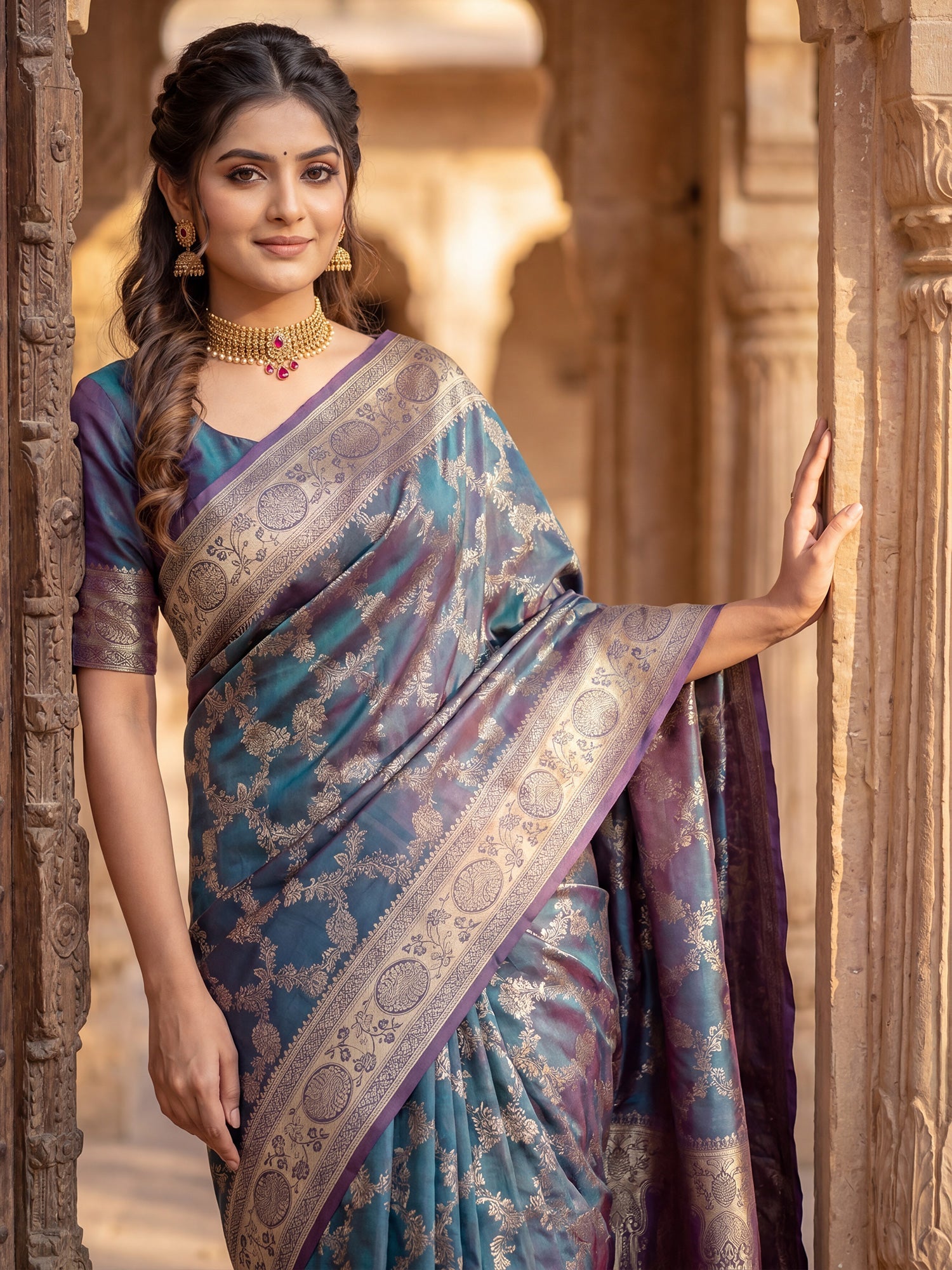 Saree Majestic Teal Green and Melted Purple Dual-Tone Banarasi Silk - Ressa