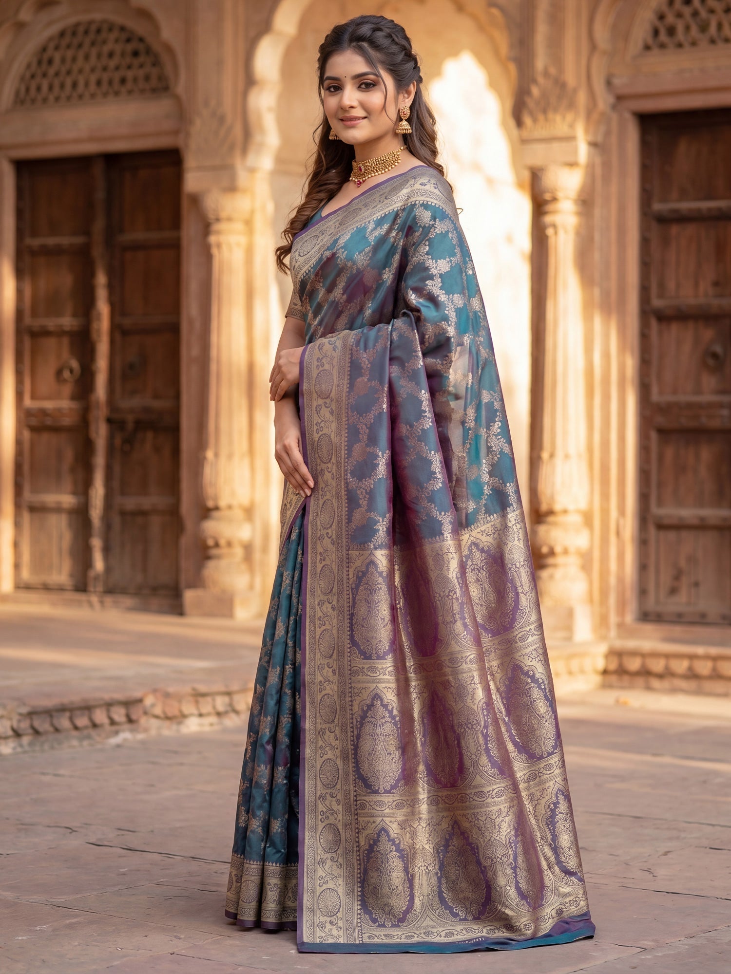 Saree Majestic Teal Green and Melted Purple Dual-Tone Banarasi Silk - Ressa
