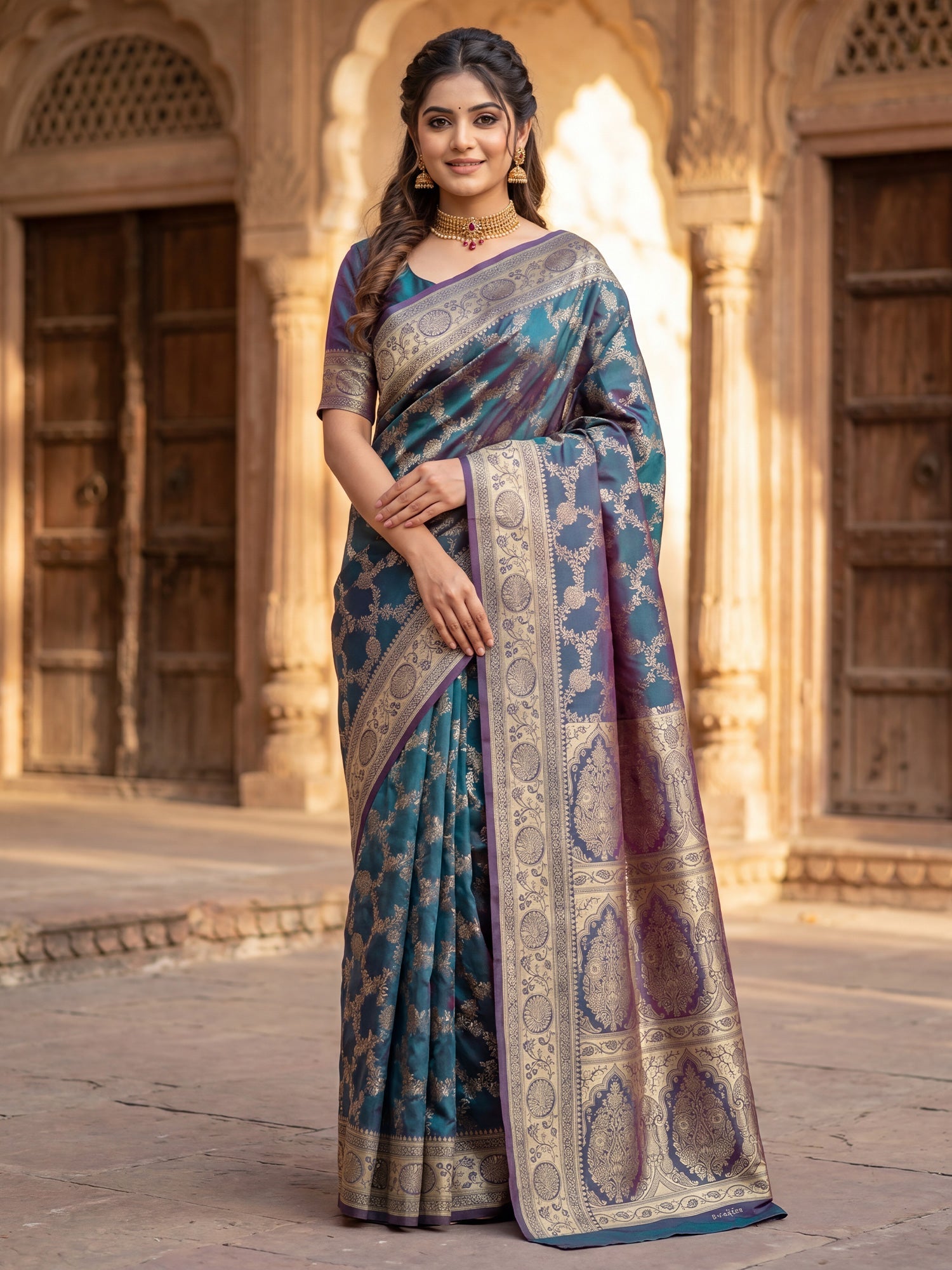 Saree Majestic Teal Green and Melted Purple Dual-Tone Banarasi Silk - Ressa
