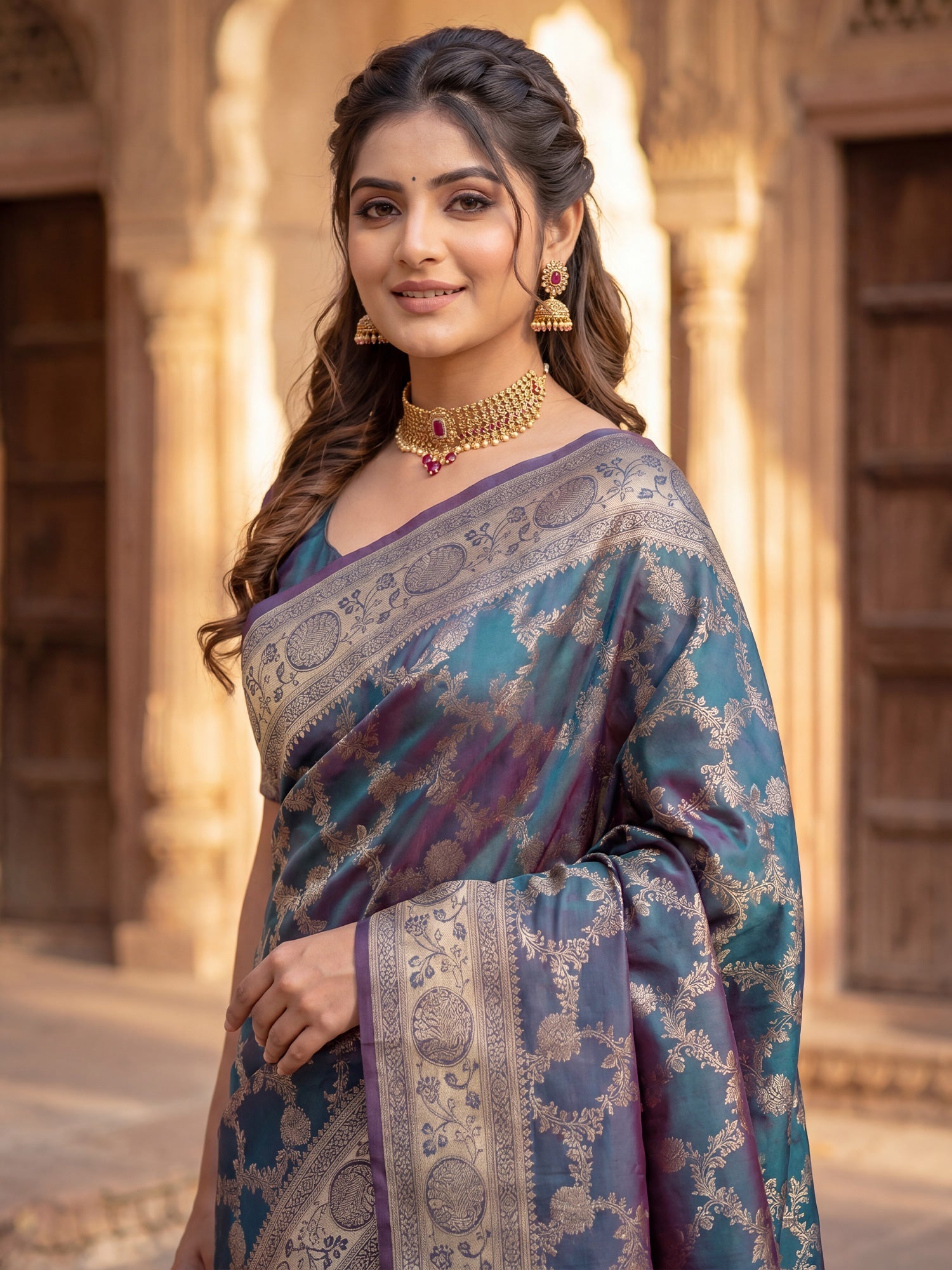 Saree Majestic Teal Green and Melted Purple Dual-Tone Banarasi Silk - Ressa