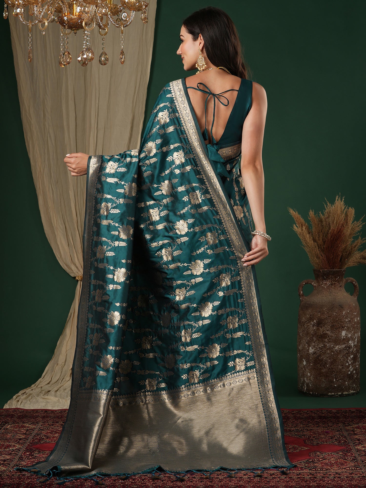 Saree Peacock Forest Green Heritage Banarasi - Ressa